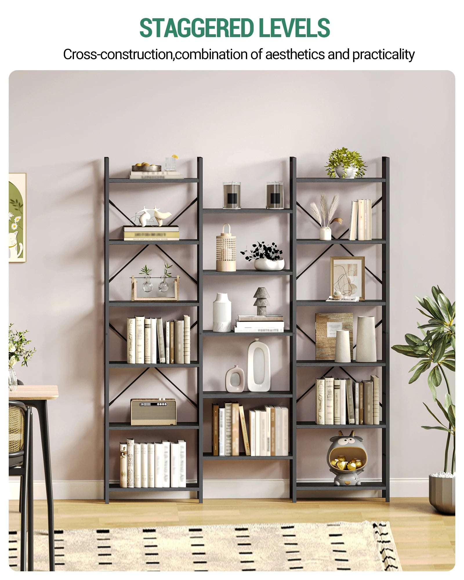 Industriële Boekenkast met 17 Planken – Grote Open Kast met Metalen Frame en Verstelbare Planken voor Woonkamer & Slaapkamer