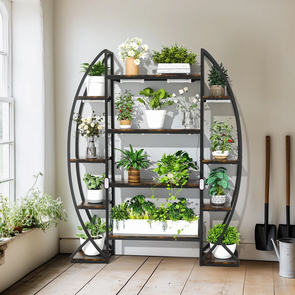 Halvemaan Plantenrek met Groeilampen – 5 Laags Industriële Bloemenstandaard met LED Plant Lights voor Binnen