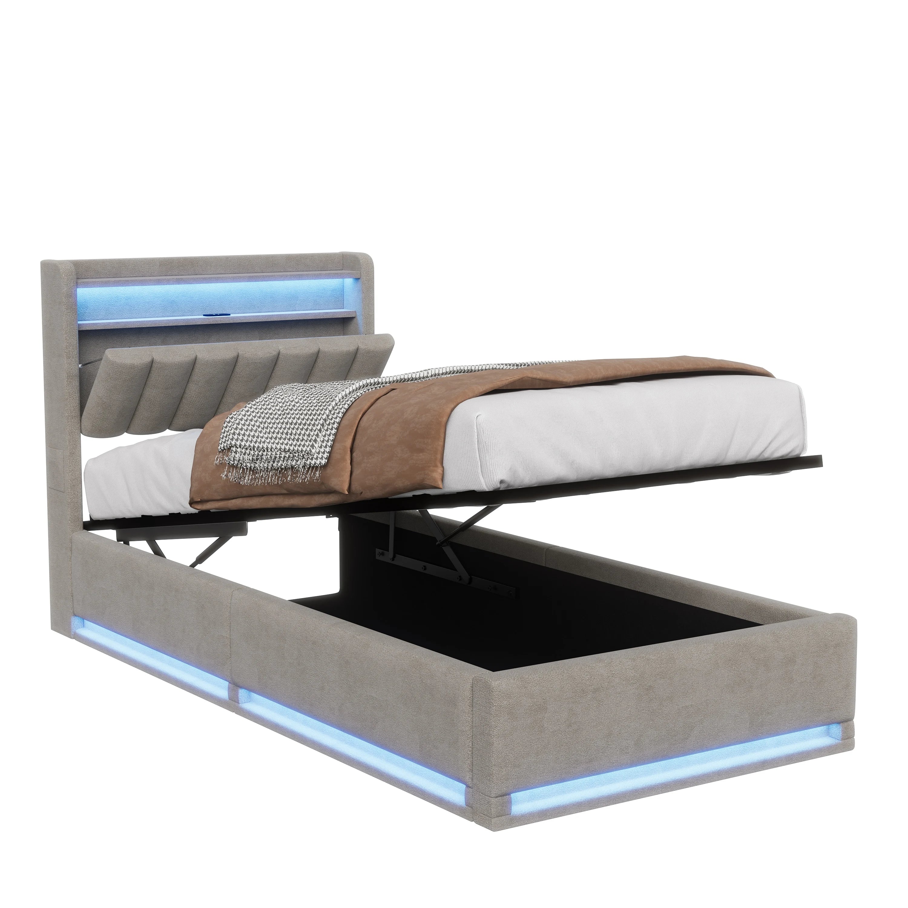 Tweepersoonsbed met geïntegreerde LED‑verlichting, USB‑oplaadfuncties en opbergruimte – Modern en functioneel bedframe