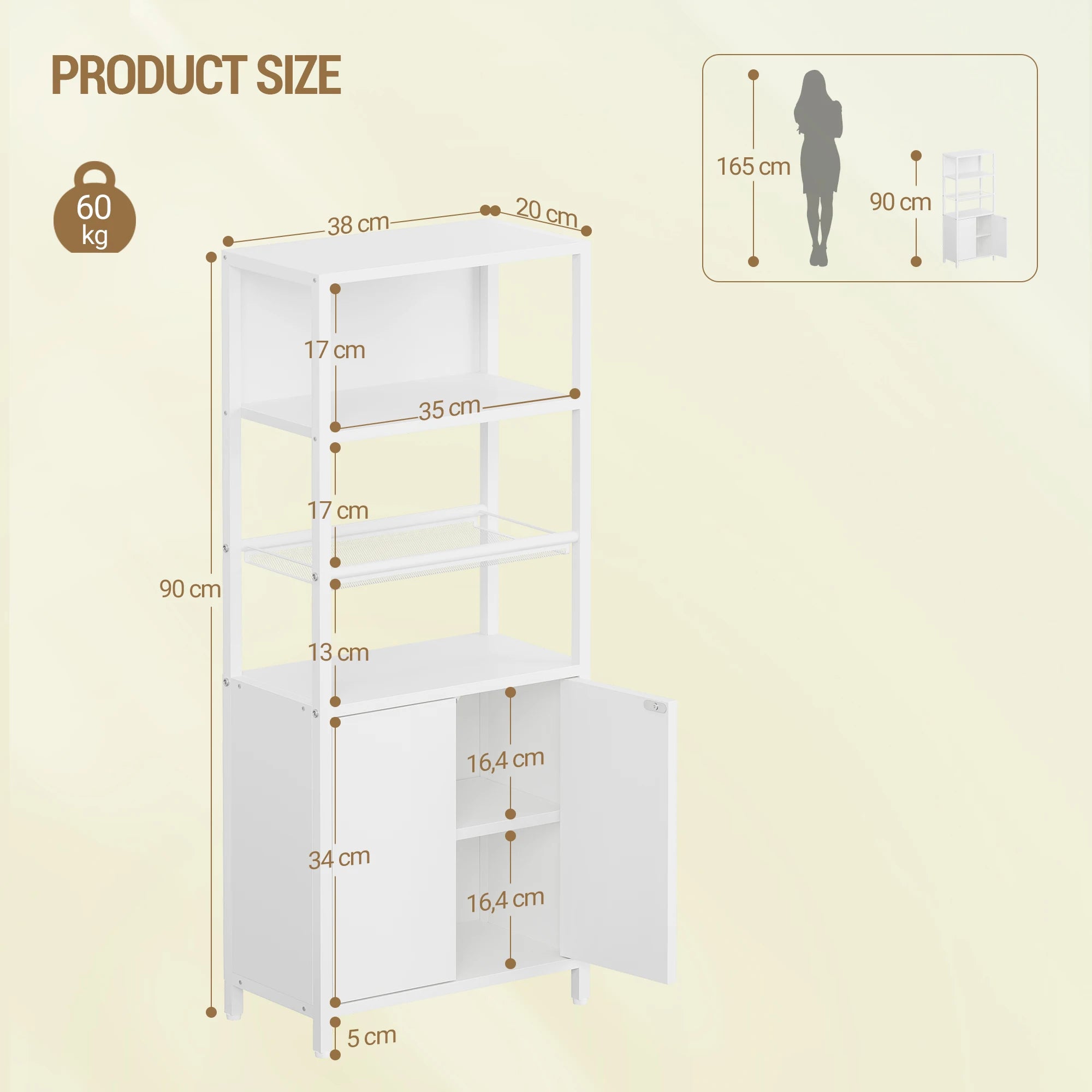Hoge badkamerkast met deuren, open plank en geventileerd metalen rek – multifunctionele opbergkast (wit)