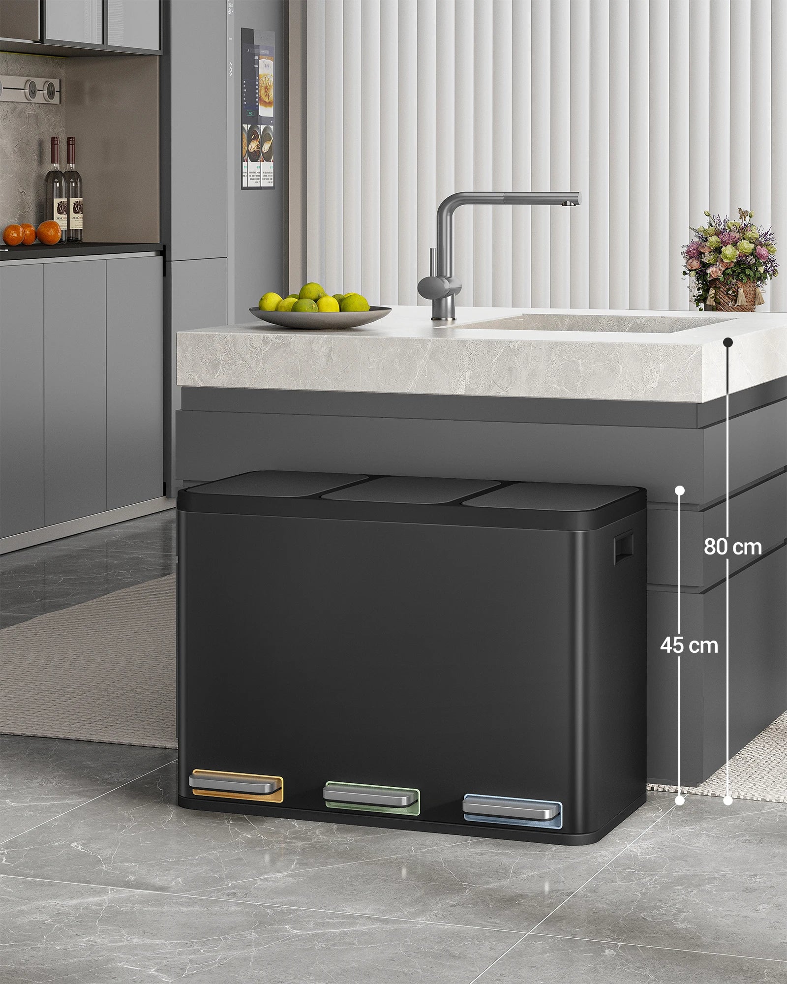 Moderne Keuken Prullenbak 45L – 3 Compartimenten Afvalscheiding – RVS Pedal Bin voor Keuken en Kantoor