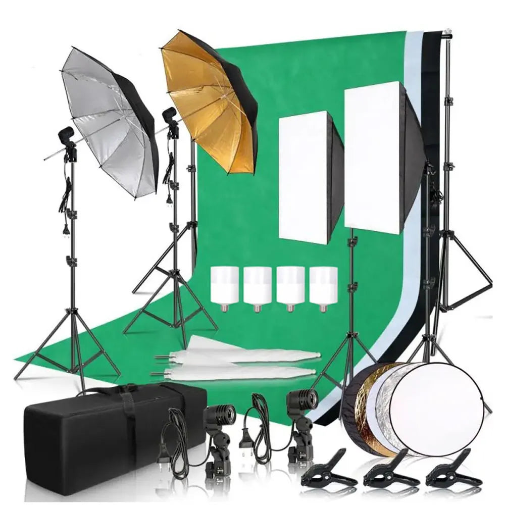 Fotografie Reflector Set 2,6x3M – 5-in-1 Softbox, Paraplu’s, Achtergrondstandaard en LED Studioverlichting voor Professionele Foto’s