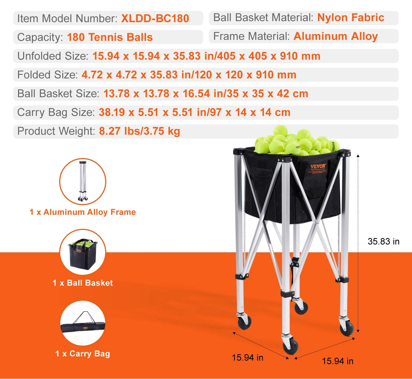 Opvouwbare Tennisballenkar met Wielen – 180 Ballen Capaciteit – Lichtgewicht Aluminium Tennis Ballenwagen voor Training & Coaching