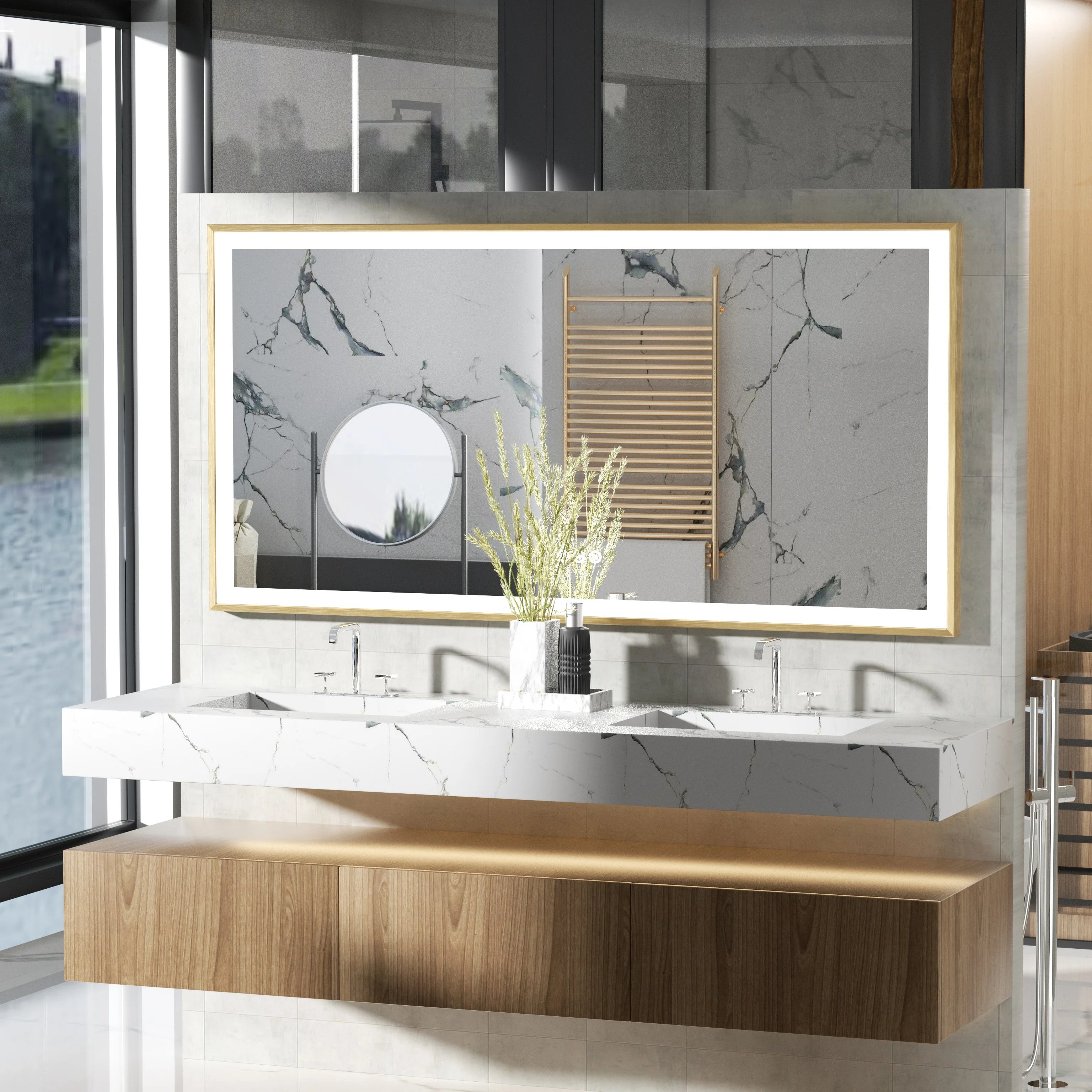 LED Badkamerspiegel Goud Frame – Dimbaar met 3 Lichtkleuren & Anti-Condens