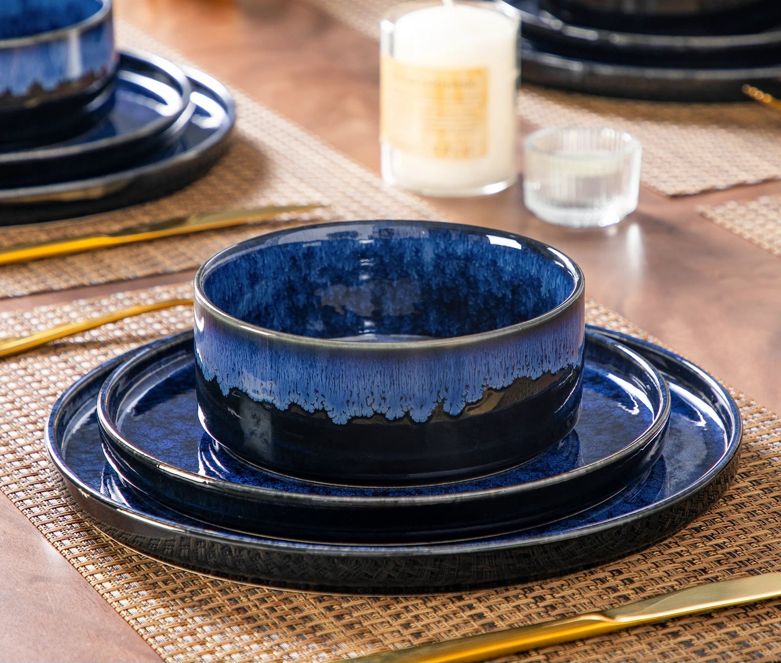 Keramische Diner Set 12/24/36 Delig – Zwart Blauw Servies met Reactief Glazuur – Moderne Borden en Kommen Set
