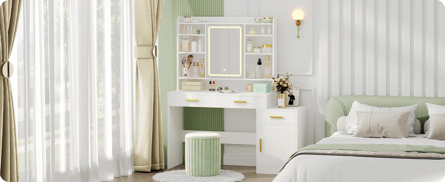 Kaptafel met LED Spiegel en Opbergruimte – Moderne Make-up Tafel met 3 Laden, Kast en Schappen – Witte Dressing Table voor Slaapkamer