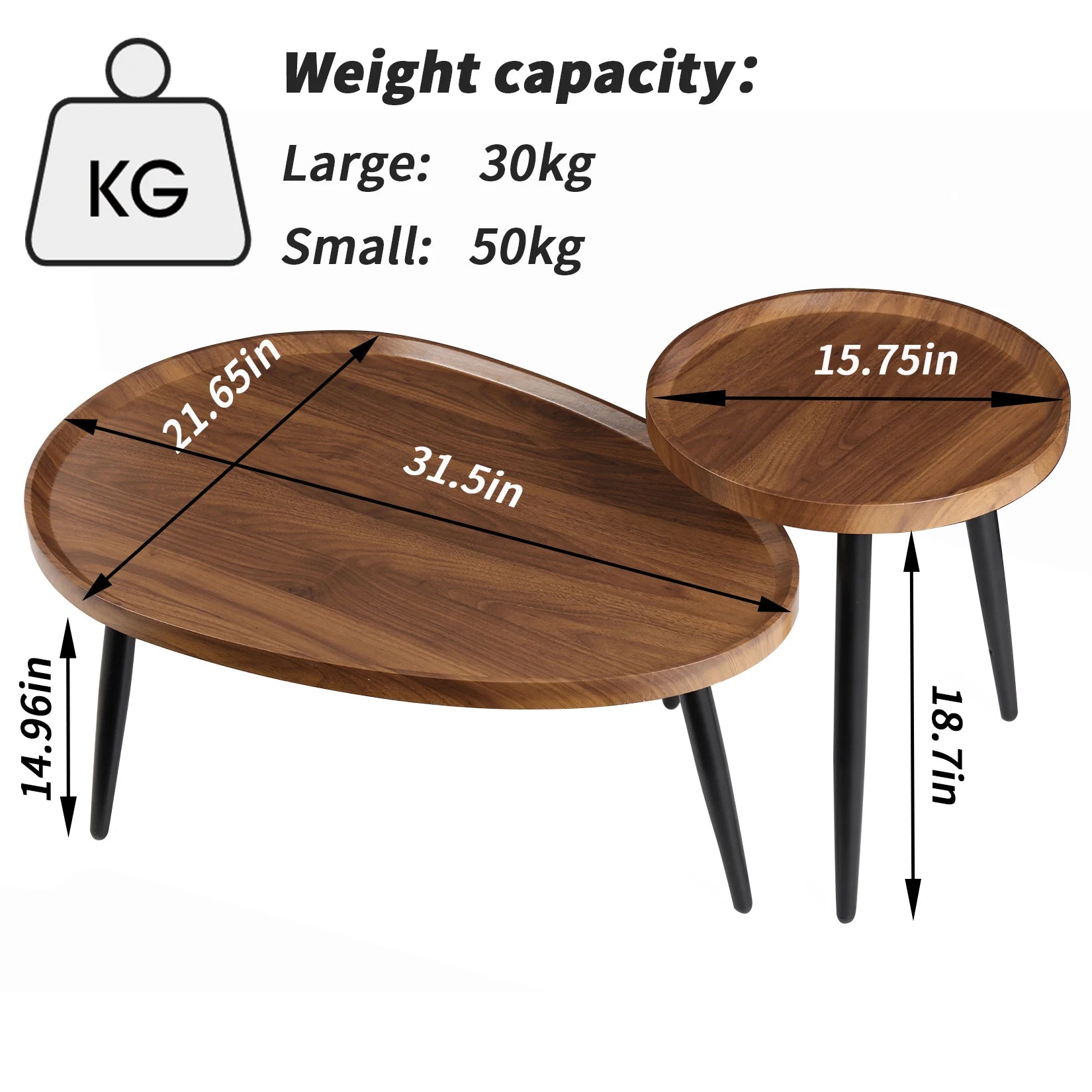 Moderne Set van 2 Ronde Salontafels – Nesting Bijzettafels met Houtlook Blad en Zwarte Metalen Poten – Industriële Salontafel Set