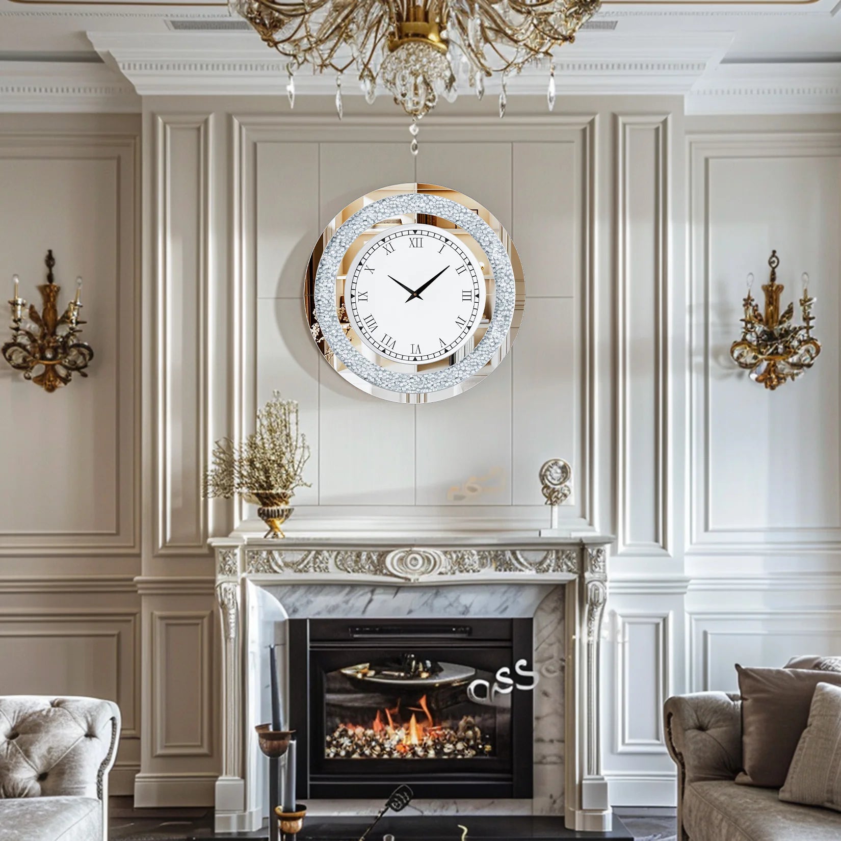 Ronde Zilveren Spiegelklok 60 cm – Luxe Wandklok met Romeinse Cijfers & Crushed Diamant Design