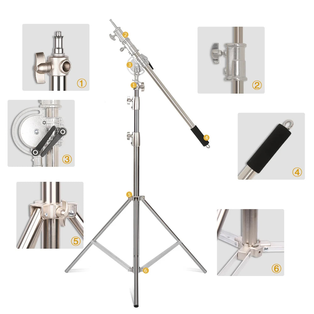 Professioneel Lichtstatief 2,9 m RVS – Telescoopstatief met Kruisarm en Transporttas voor Fotografie en Studio