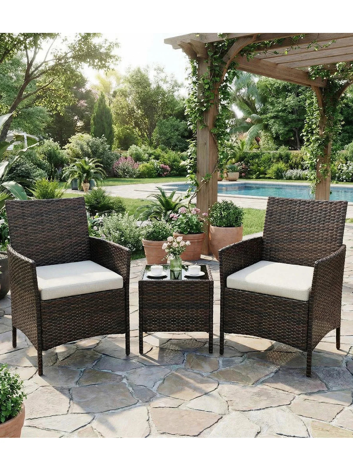 3-Delige Rotan Bistroset met Kussens – 2 Tuinstoelen & Glazen Salontafel – Tuinset voor Tuin, Terras & Veranda