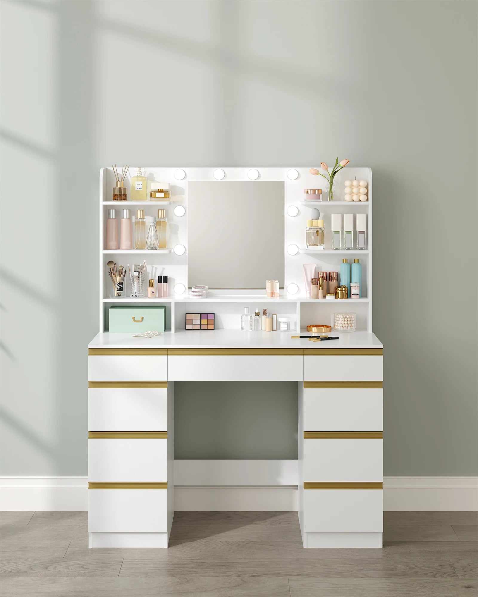 Kaptafel met LED Verlichting en Spiegel – Moderne Make-up Tafel met 10 Lampen, 9 Laden en Opbergruimte – Wit Goud Design