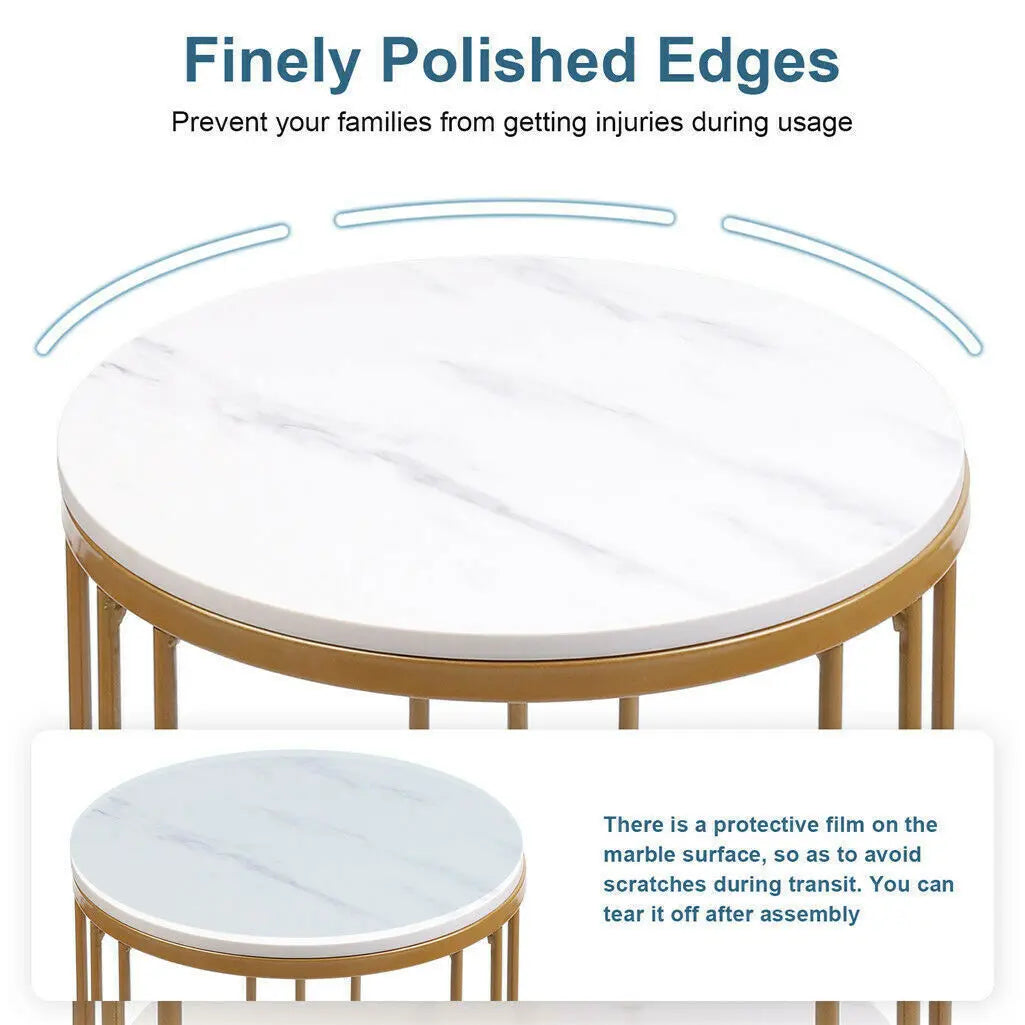 2-Laags Ronde Bijzettafel met Marmerlook – Moderne Salontafel & Nachtkastje met Opbergruimte – Wit Design