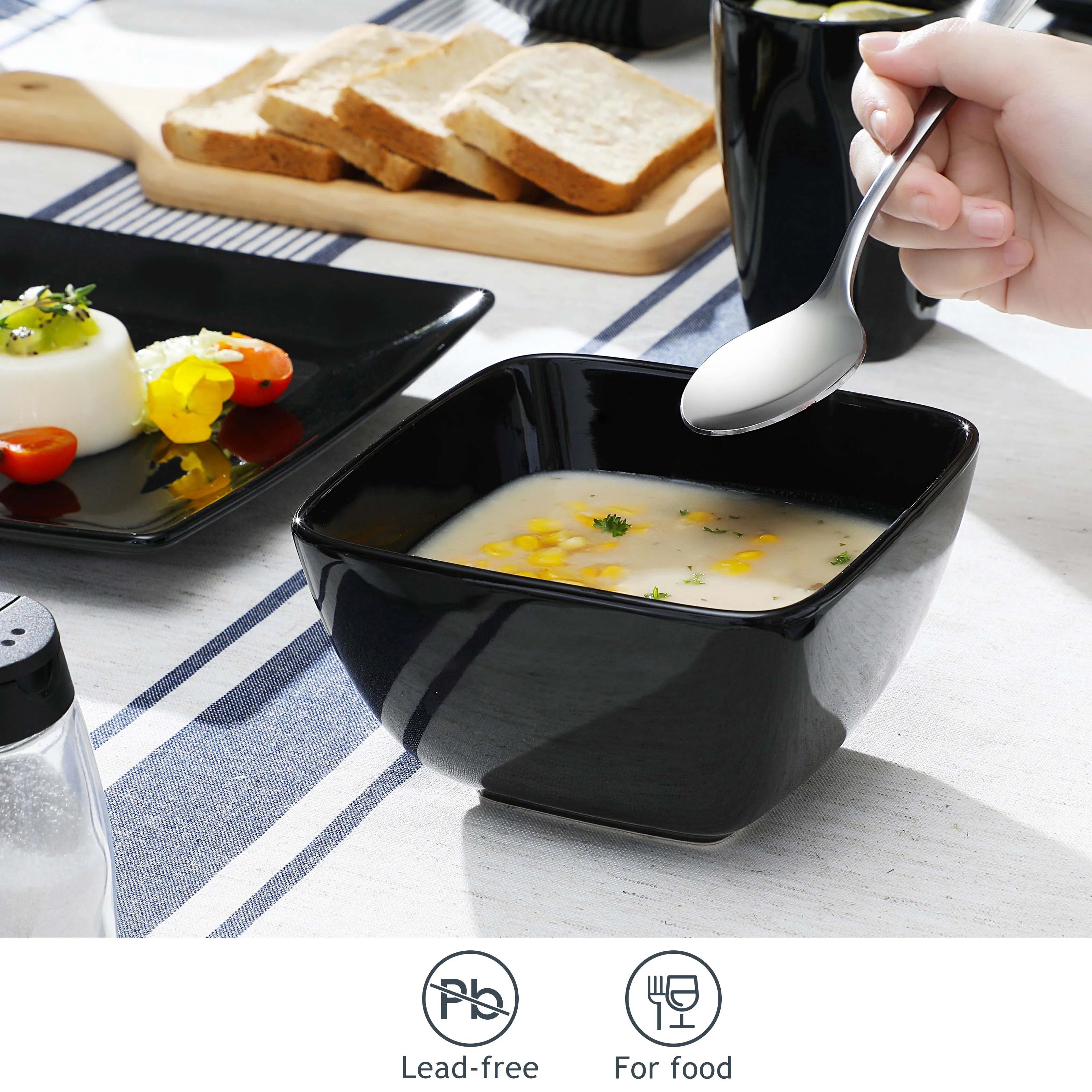 Zwart Serviesset Keramiek – 16, 32 of 48 Delige Moderne Vierkante Servies Set met Borden, Kommen en Mokken – Luxe Tafelservies