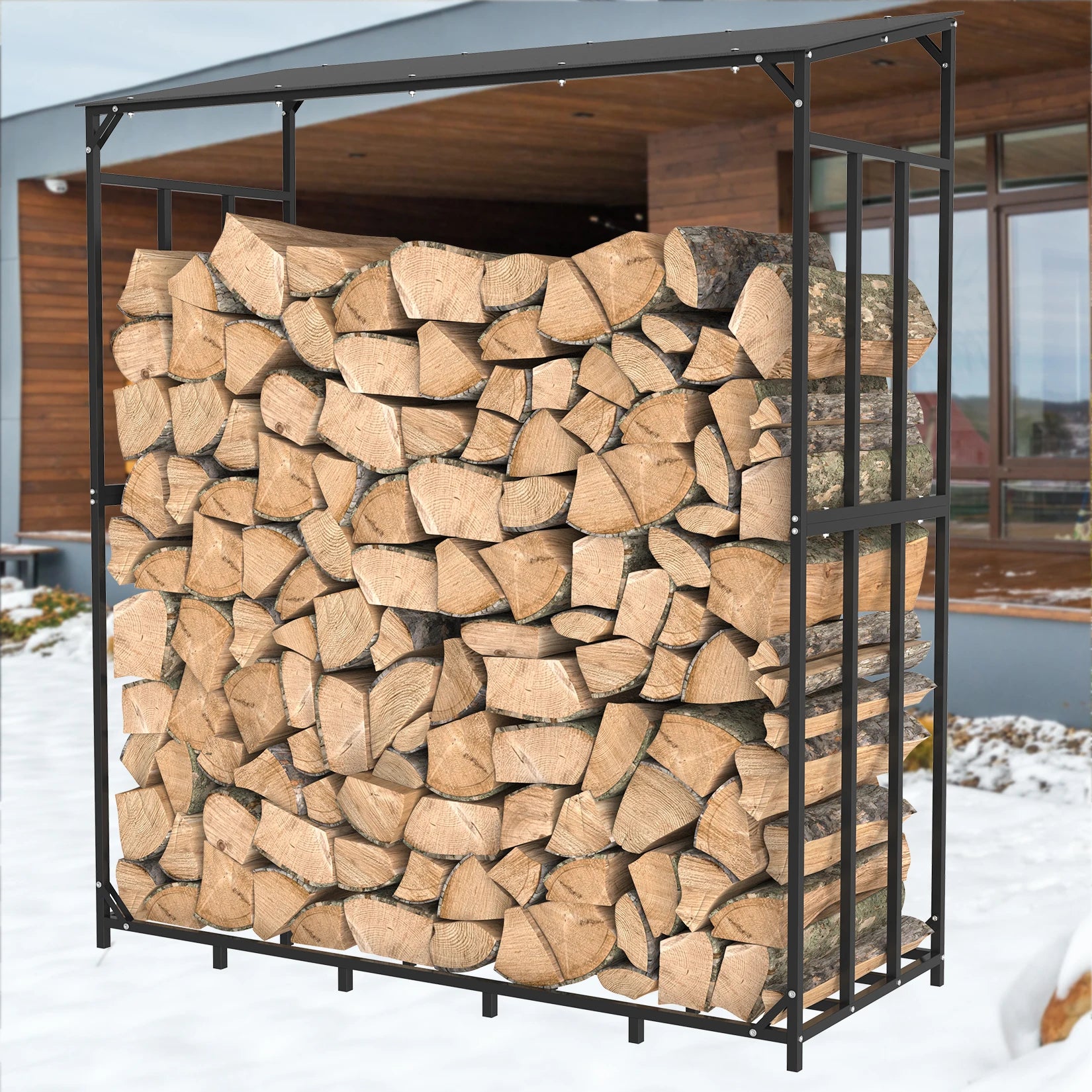 XXL Metalen Haardhoutrek met Dak en Beschermhoes – Heavy Duty Houtopslag voor Buiten, Tuin en Terras