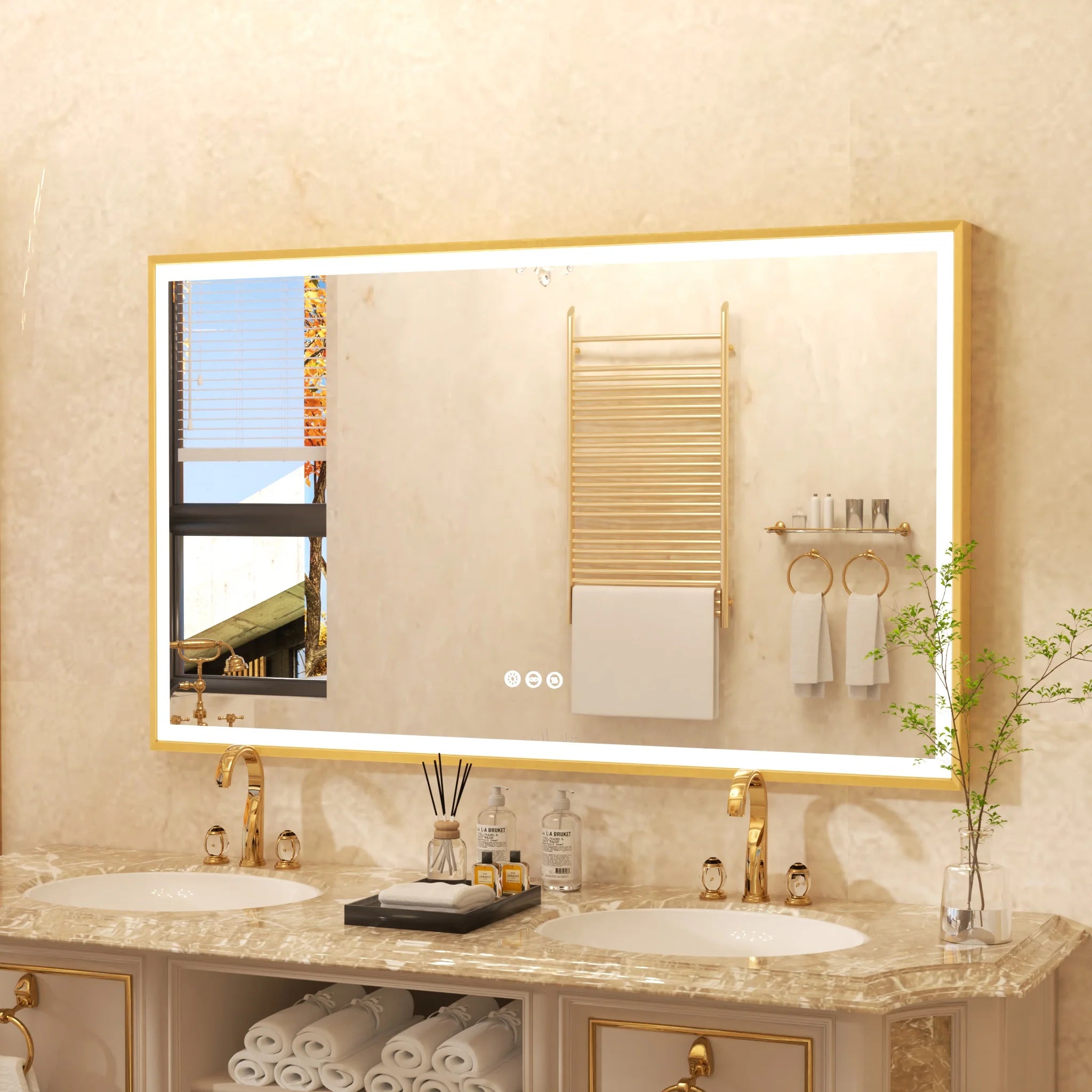 LED Badkamerspiegel Goud Frame – Dimbaar met 3 Lichtkleuren & Anti-Condens