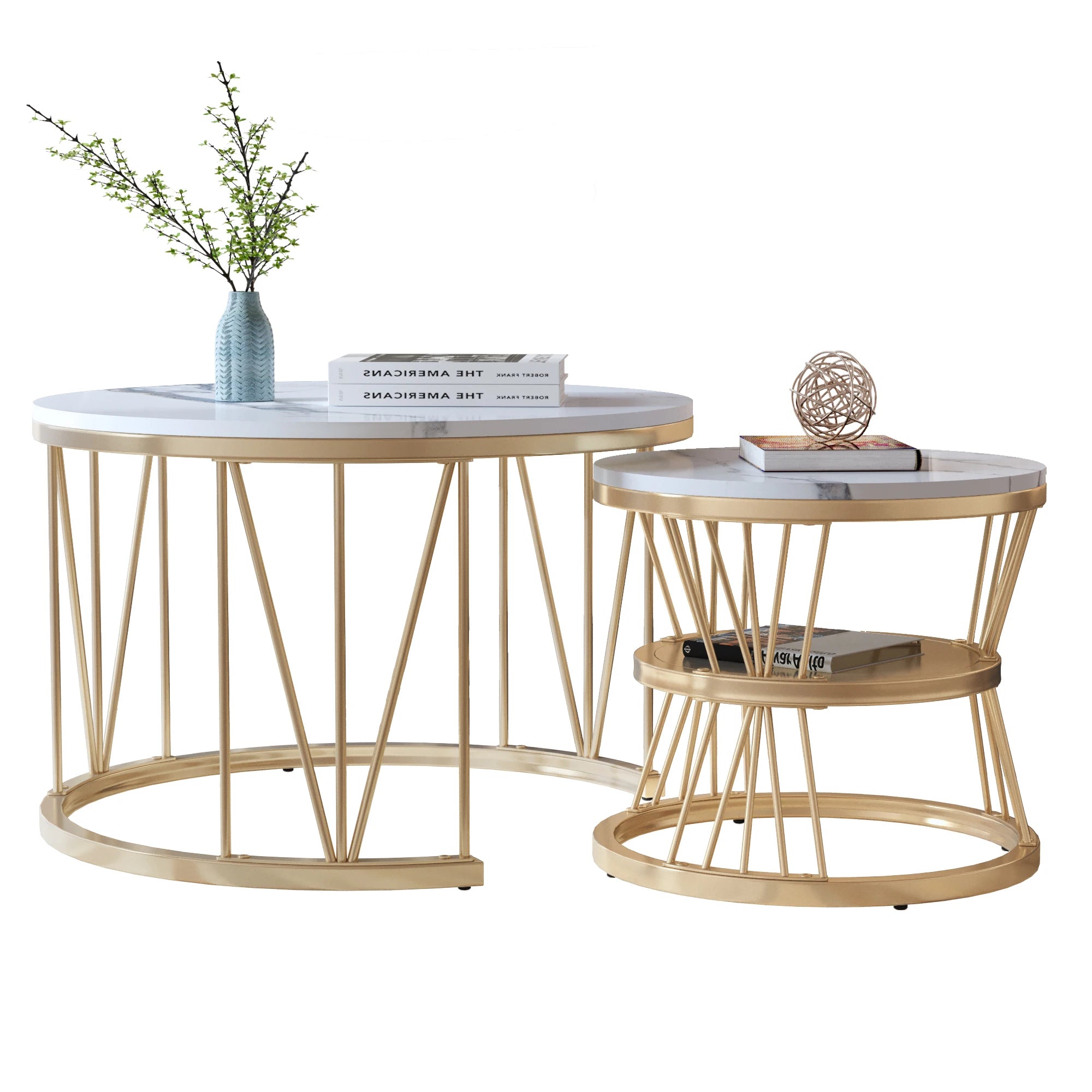 Set van 2 Ronde Marmeren Koffietafels – Goud/Wit – Luxe Salontafel Set