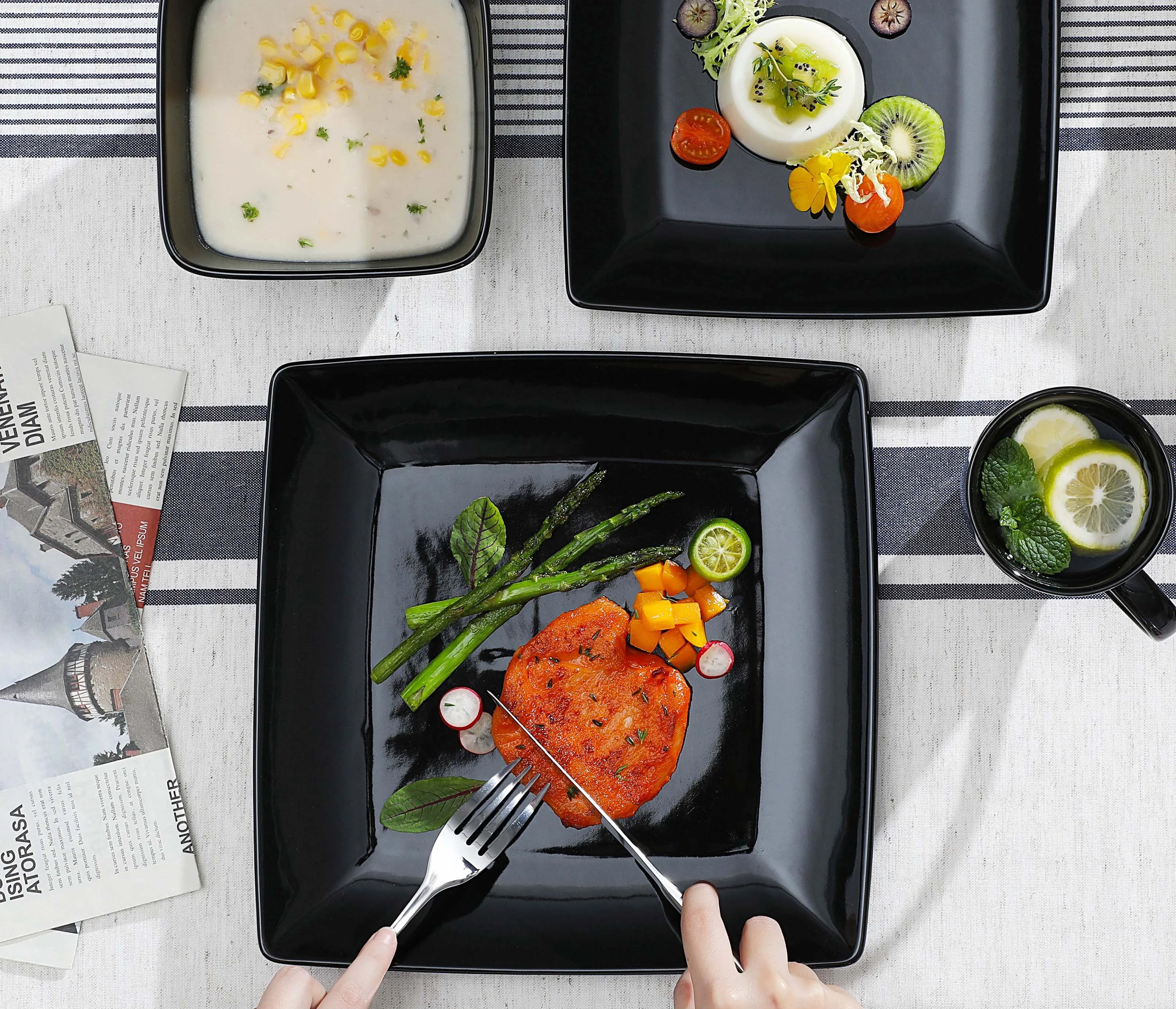 Zwart Serviesset Keramiek – 16, 32 of 48 Delige Moderne Vierkante Servies Set met Borden, Kommen en Mokken – Luxe Tafelservies