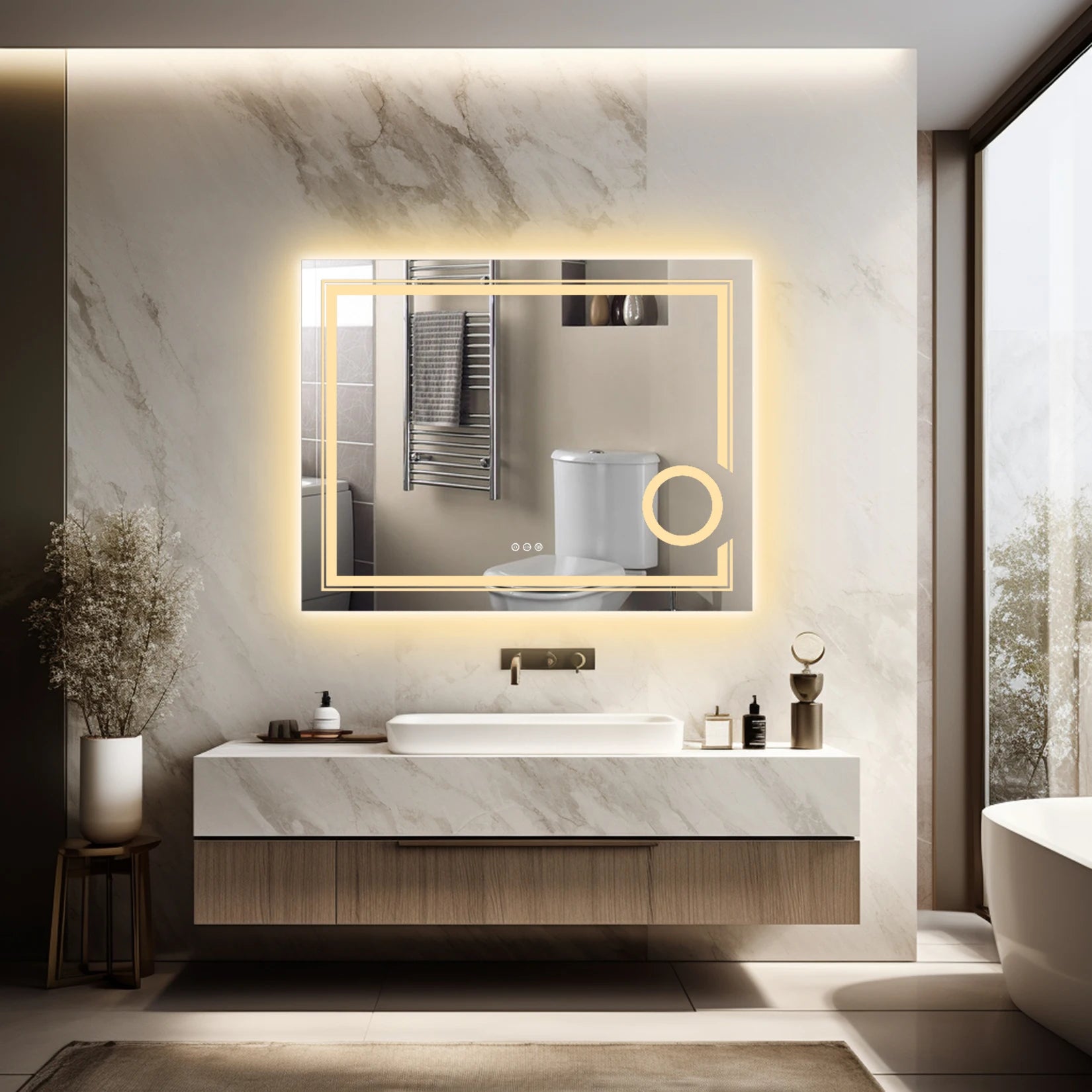 Moderne LED Badkamerspiegel 60×45 cm – Dimbare Verlichting, Anti-Condens & Touch Bediening – Wandspiegel met Verlichting en 3x Vergrootglas