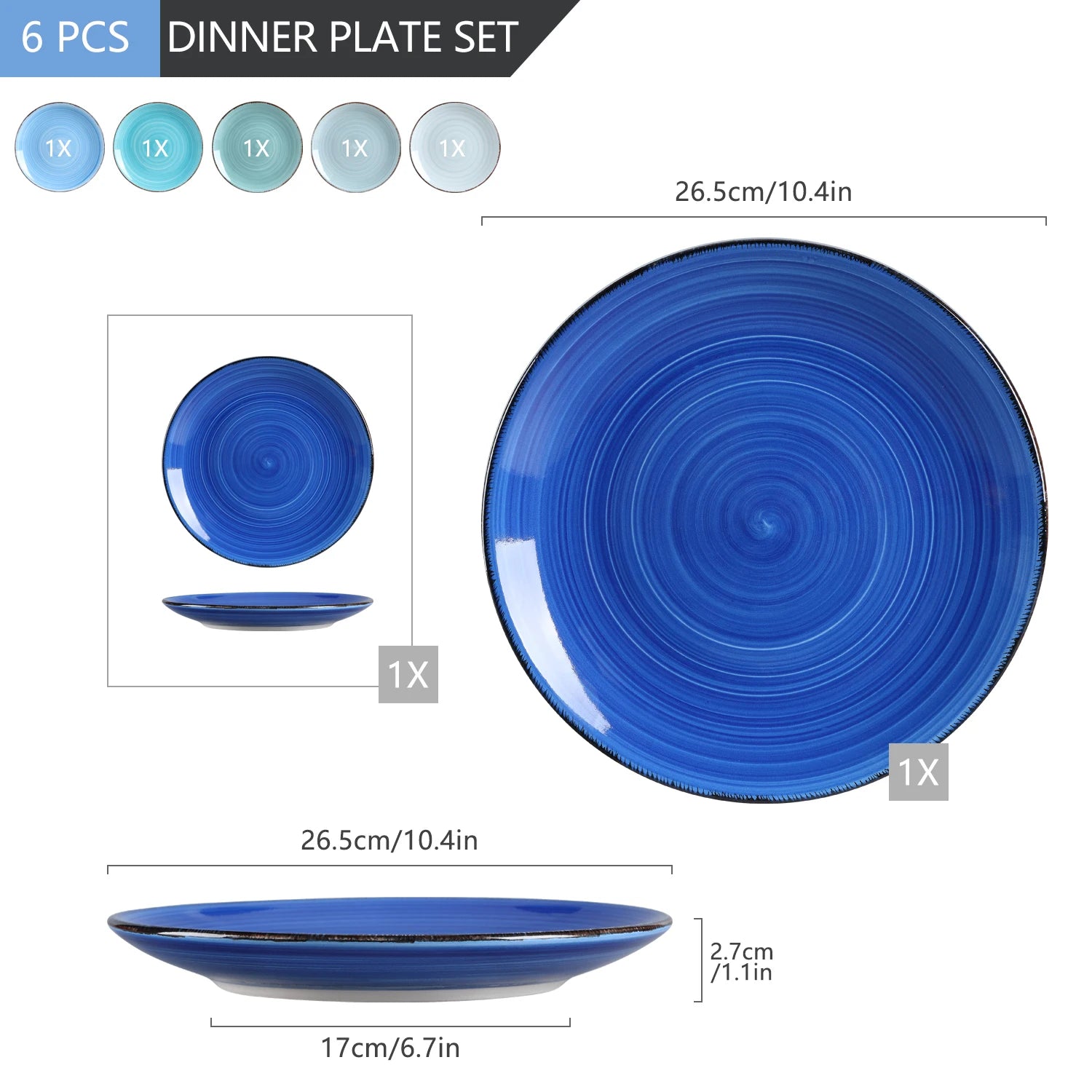 Dinerbord Set 6 Stuks 26,5 cm – Handgeschilderd Keramiek Servies – Rustieke Blauwe Borden