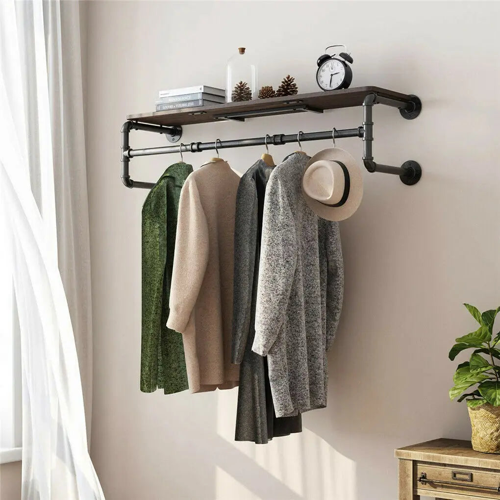Industrieel Kledingrek Wand met Houten Plank – Metalen Pipe Wandrek met Opbergplank en Haken