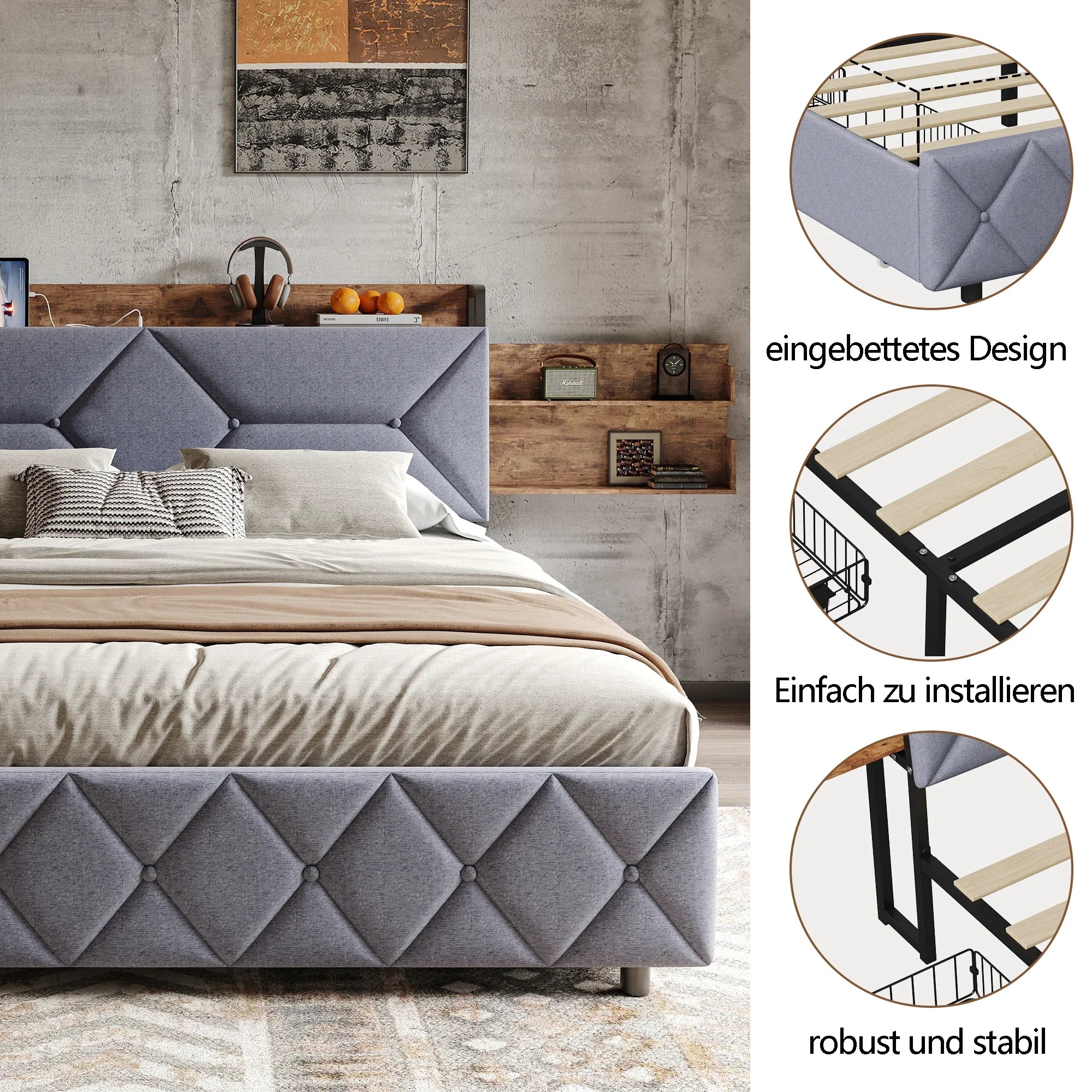 Gestoffeerd tweepersoonsbed met LED‑verlichting, USB‑oplaadfunctie en 4 lades – ideaal voor moderne slaapkamers