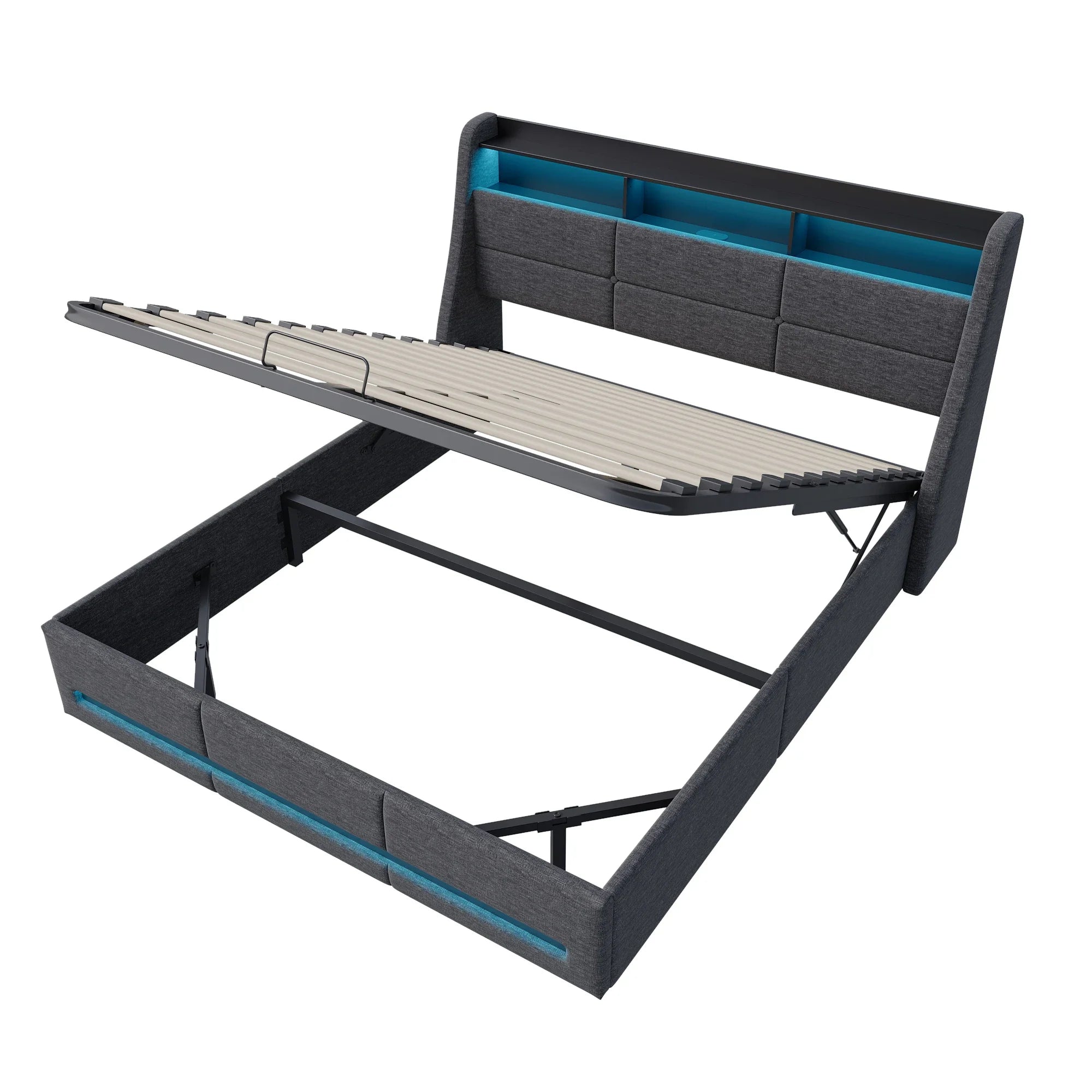 Gestoffeerd tweepersoonsbed 140/160x200 cm met LED‑hoofdeinde, USB‑oplaadfunctie en hydraulische opbergruimte