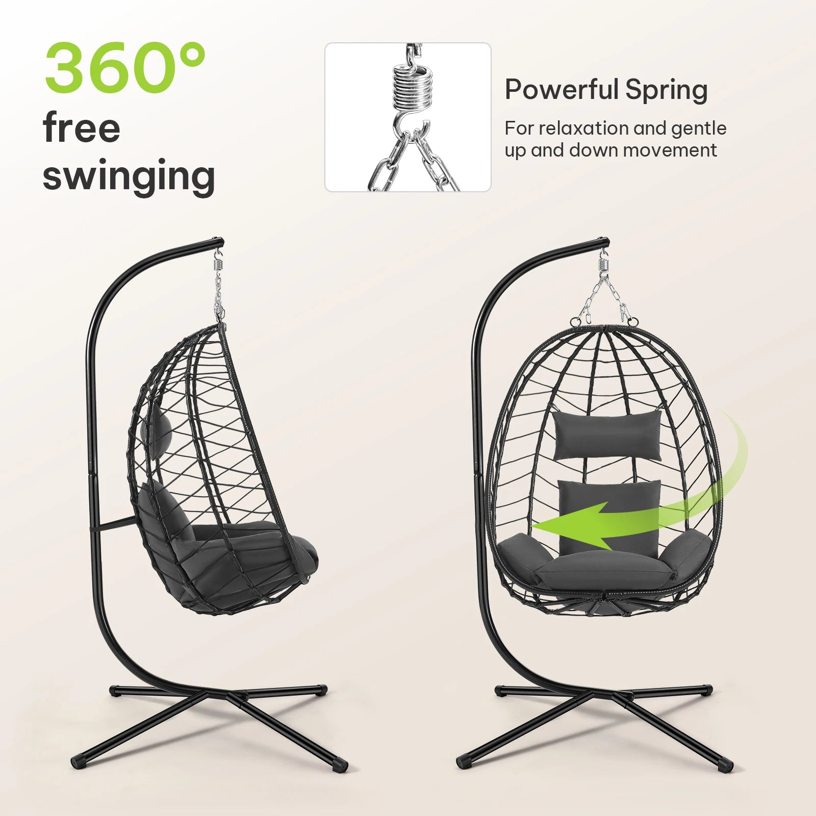 Egg Chair Hangstoel met Standaard – Schommelstoel voor Tuin, Balkon & Woonkamer – Inclusief Kussen en Hoofdsteun – Belastbaar tot 150 kg