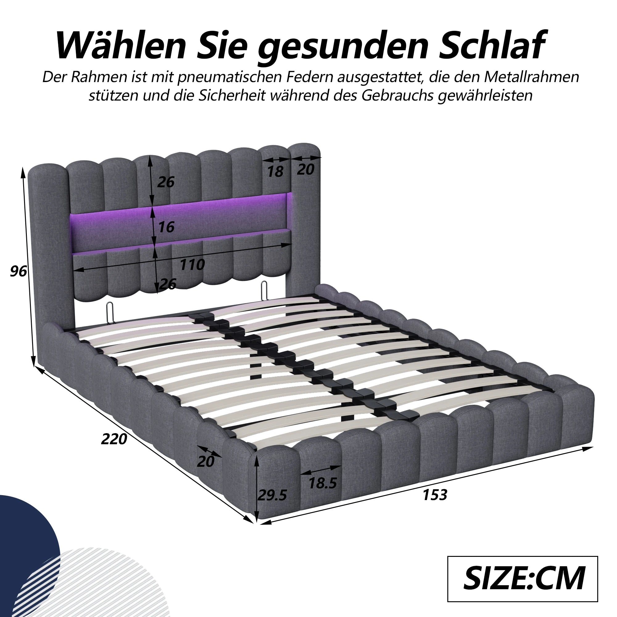 Gestoffeerd Tweepersoonsbed 140–180 cm met LED‑verlichting, USB‑poorten en Opbergruimte – Modern Opbergbed