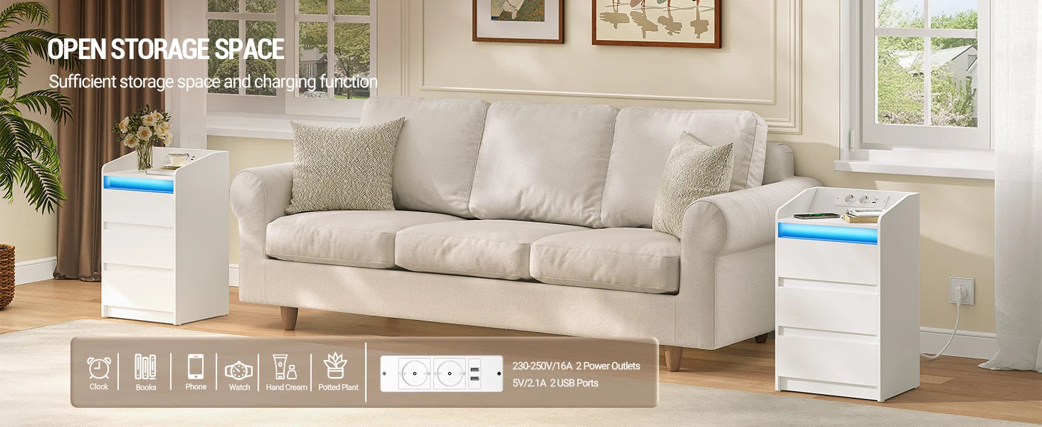 Nachtkastje met 3 Laden, LED Verlichting & Oplaadstation – Modern Wit Bijzettafel met USB en Stopcontact