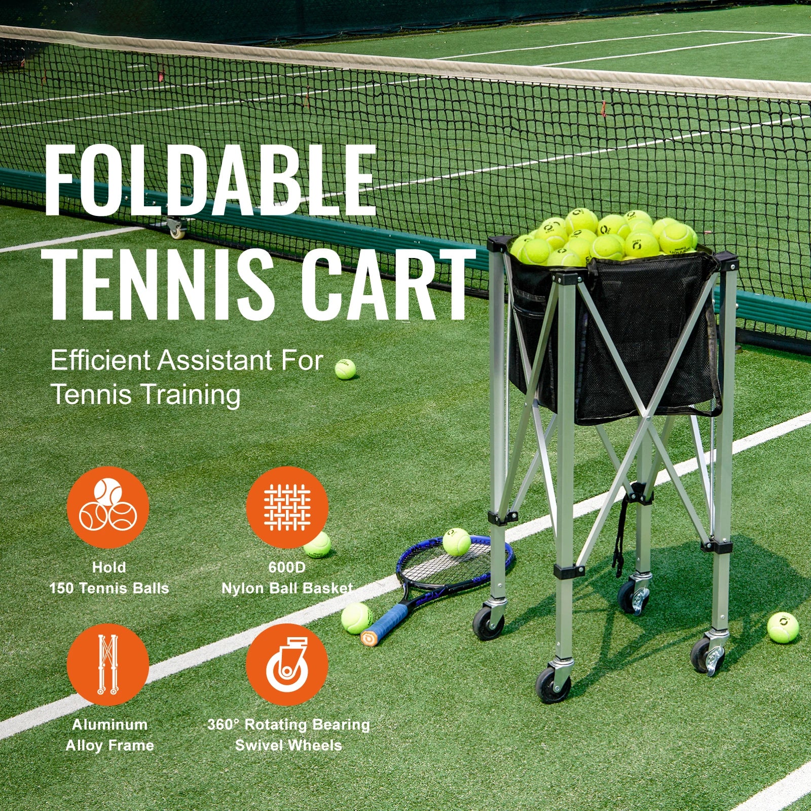 Opvouwbare Tennisballenkar met Wielen – 180 Ballen Capaciteit – Lichtgewicht Aluminium Tennis Ballenwagen voor Training & Coaching