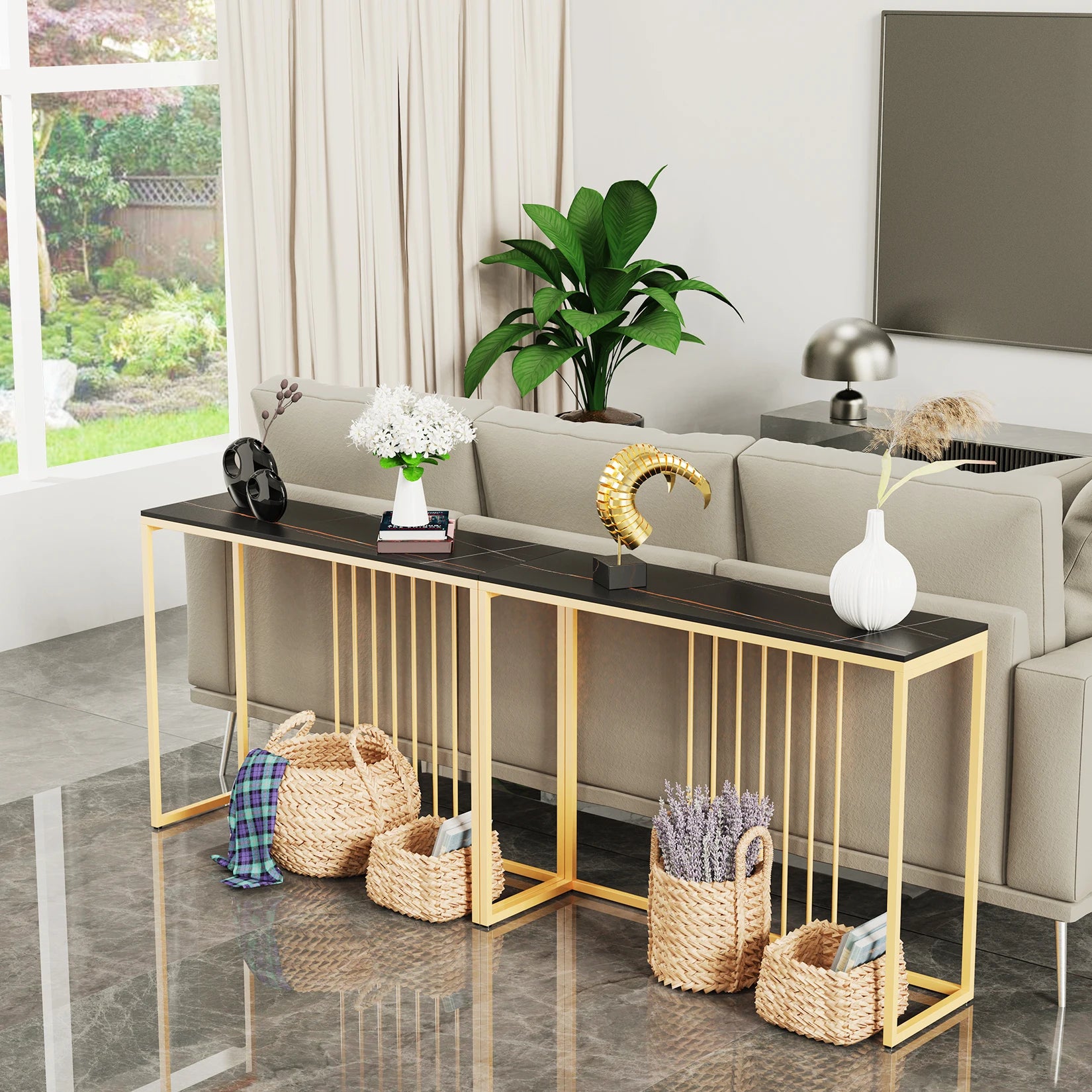 Moderne Marmeren Sidetable met Goud Frame – Smalle Console Tafel voor Hal, Entree en Woonkamer