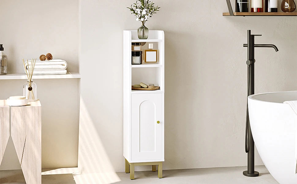Smalle Badkamerkast met Deur en Planken – Ruimtebesparende Toiletkast – Hoekkast Badkamer Wit