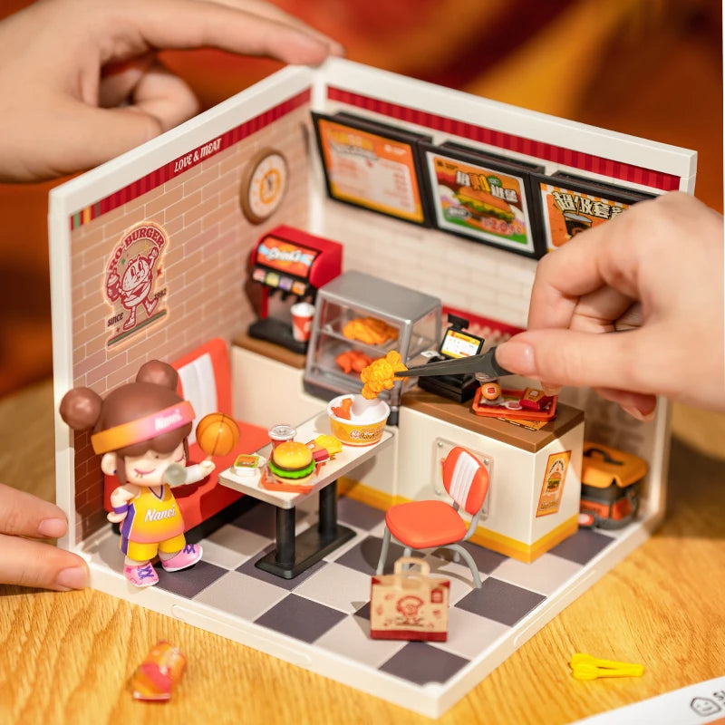 Miniatuur Poppenhuis Bouwset – Burgers Bar Thema – Creatieve DIY Bouwstenen voor Kinderen en Tieners