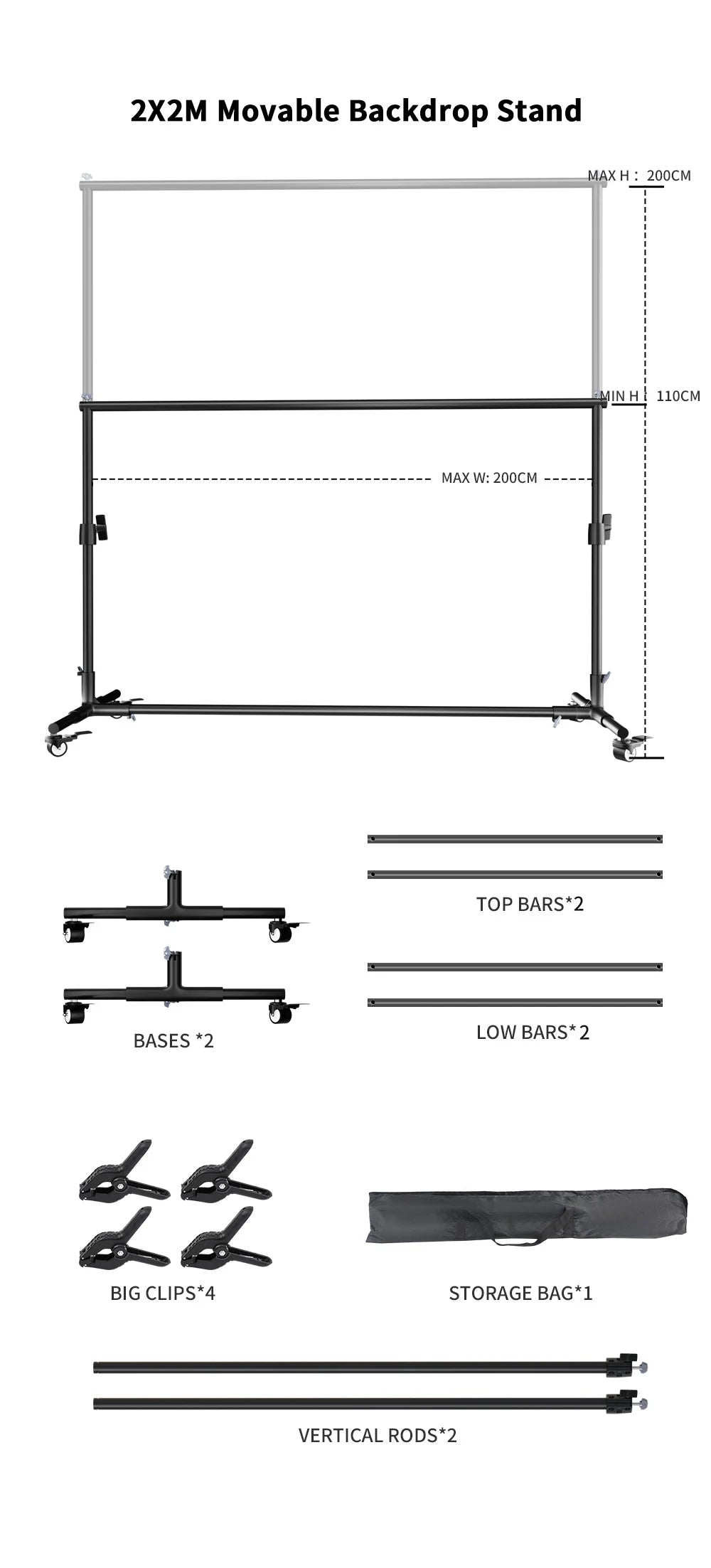 Moderne Achtergrondstandaard 2x3m – Verstelbaar Frame met Wielen en Visklemmen voor Fotostudio