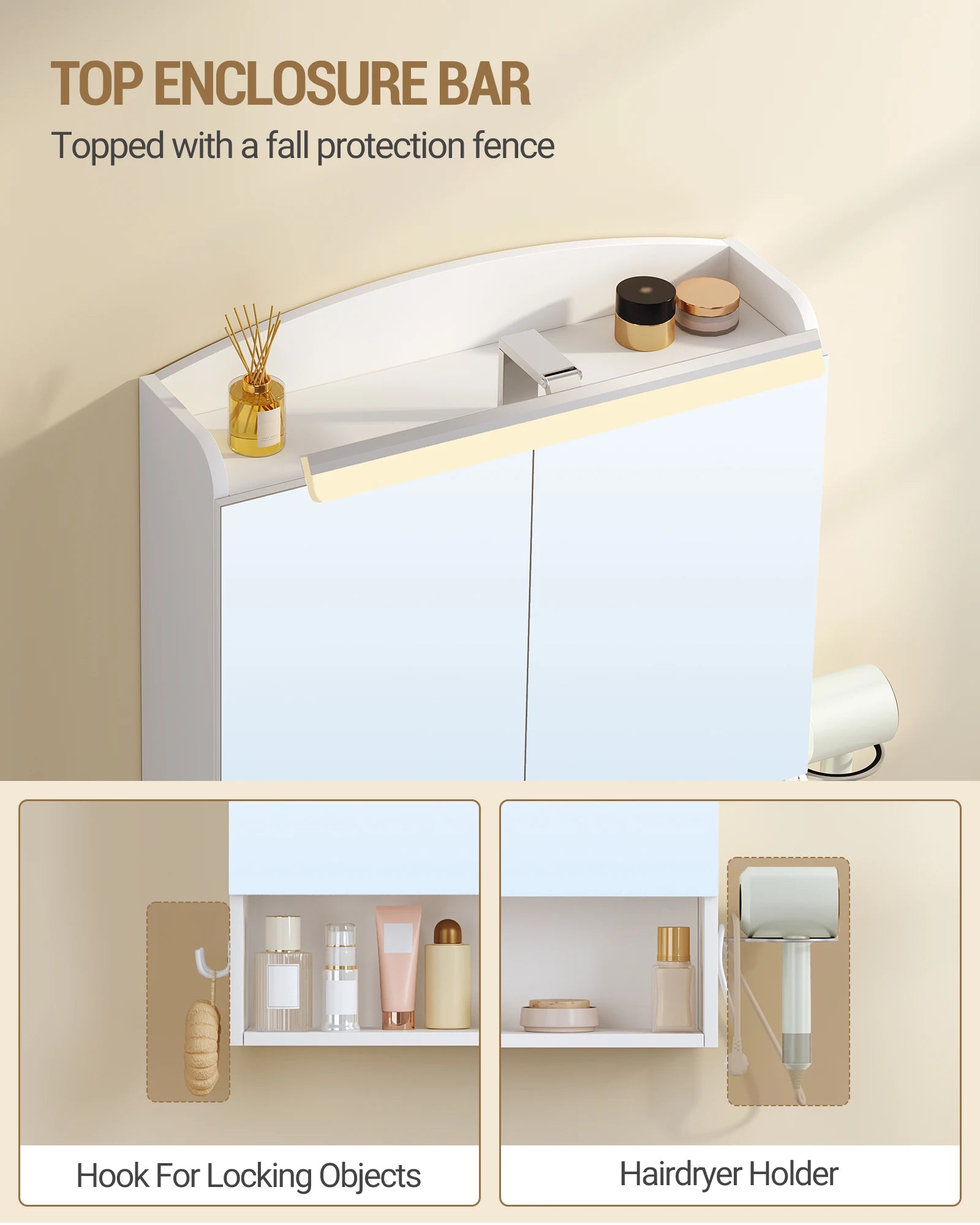 Badkamer Spiegelkast met LED Verlichting en Stopcontact – Wandkast met Spiegel, Opbergruimte, Föhnhouder en Haken – Modern Wit Design