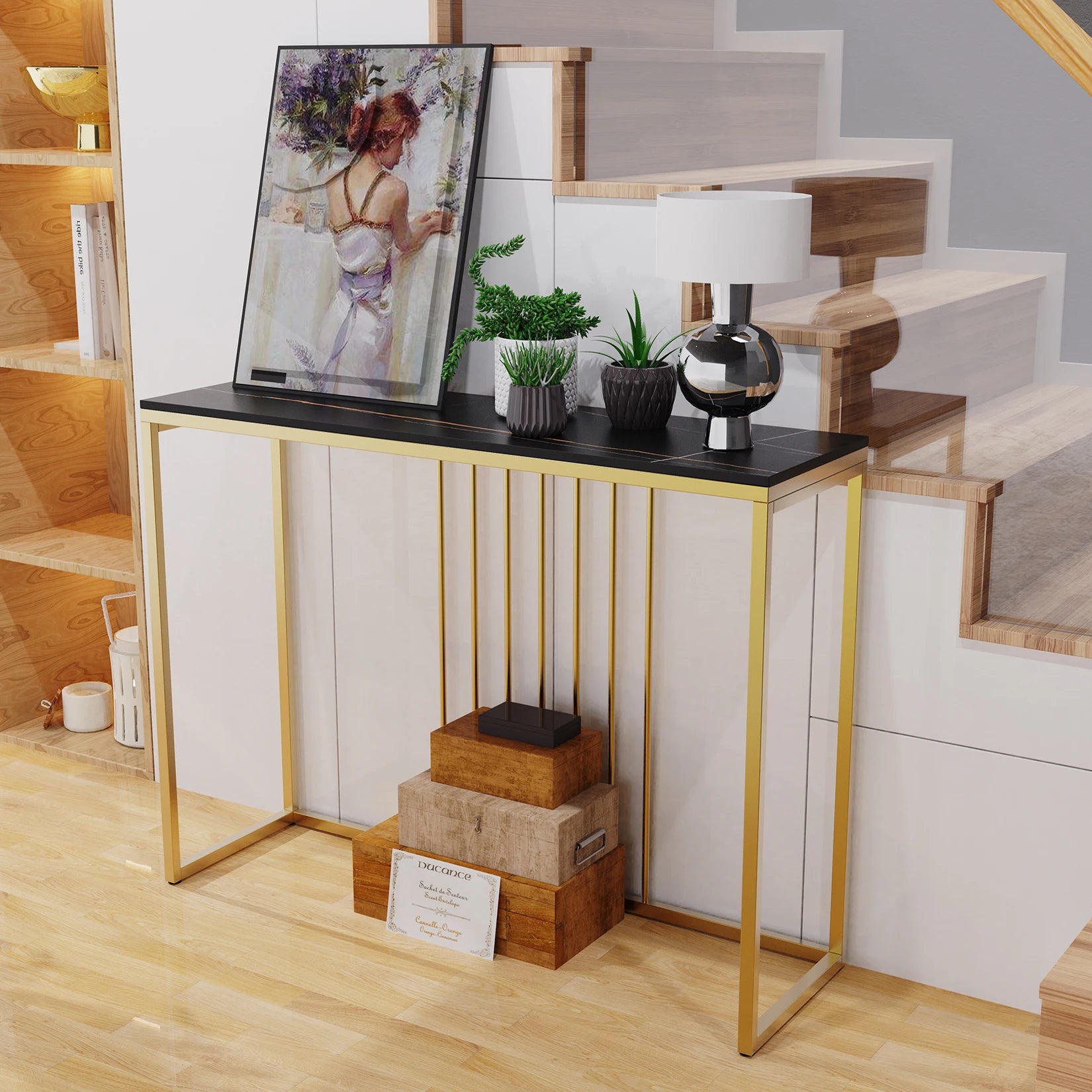Moderne Marmeren Sidetable met Goud Frame – Smalle Console Tafel voor Hal, Entree en Woonkamer