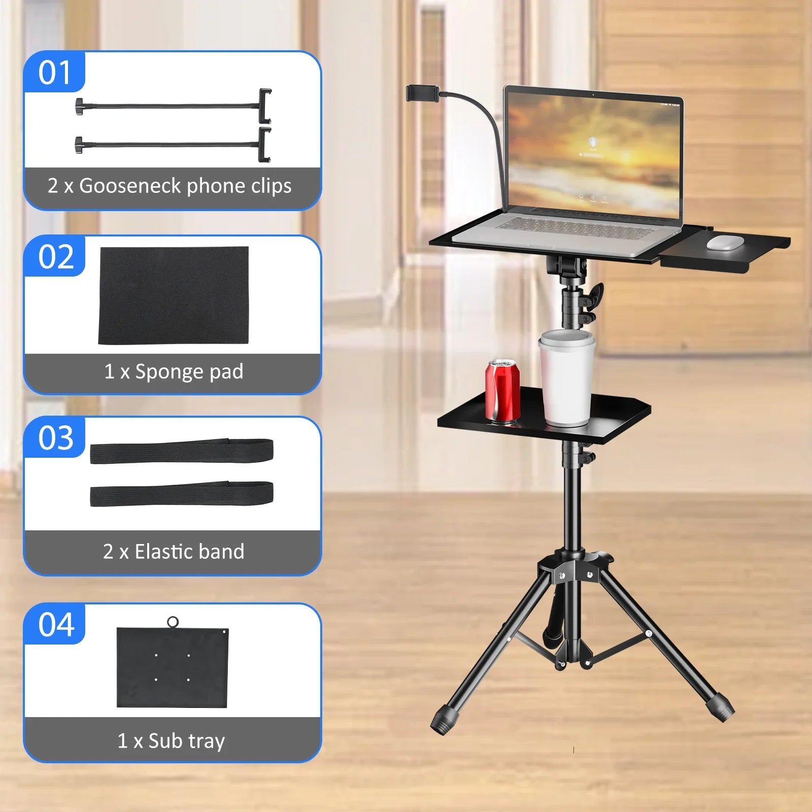 Verstelbaar Projector- en Laptopstatief 145 cm – Mobiel Statief met Wielen voor Camera, Laptop en Projector – Opvouwbaar en Draagbaar