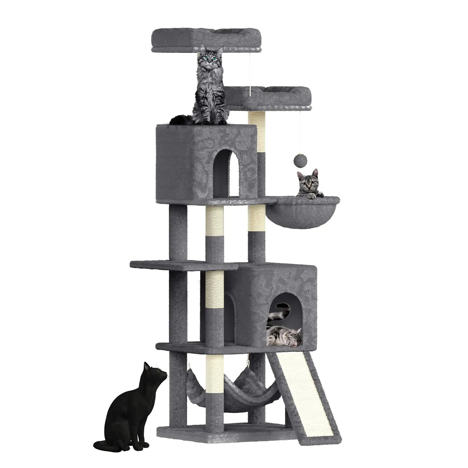 Katten Krabpaal 158 cm – Grote Kattenboom met 2 Huisjes, 2 Hangmatten & 7 Sisal Krabpalen – Luxe Klimtoren voor Binnenkatten