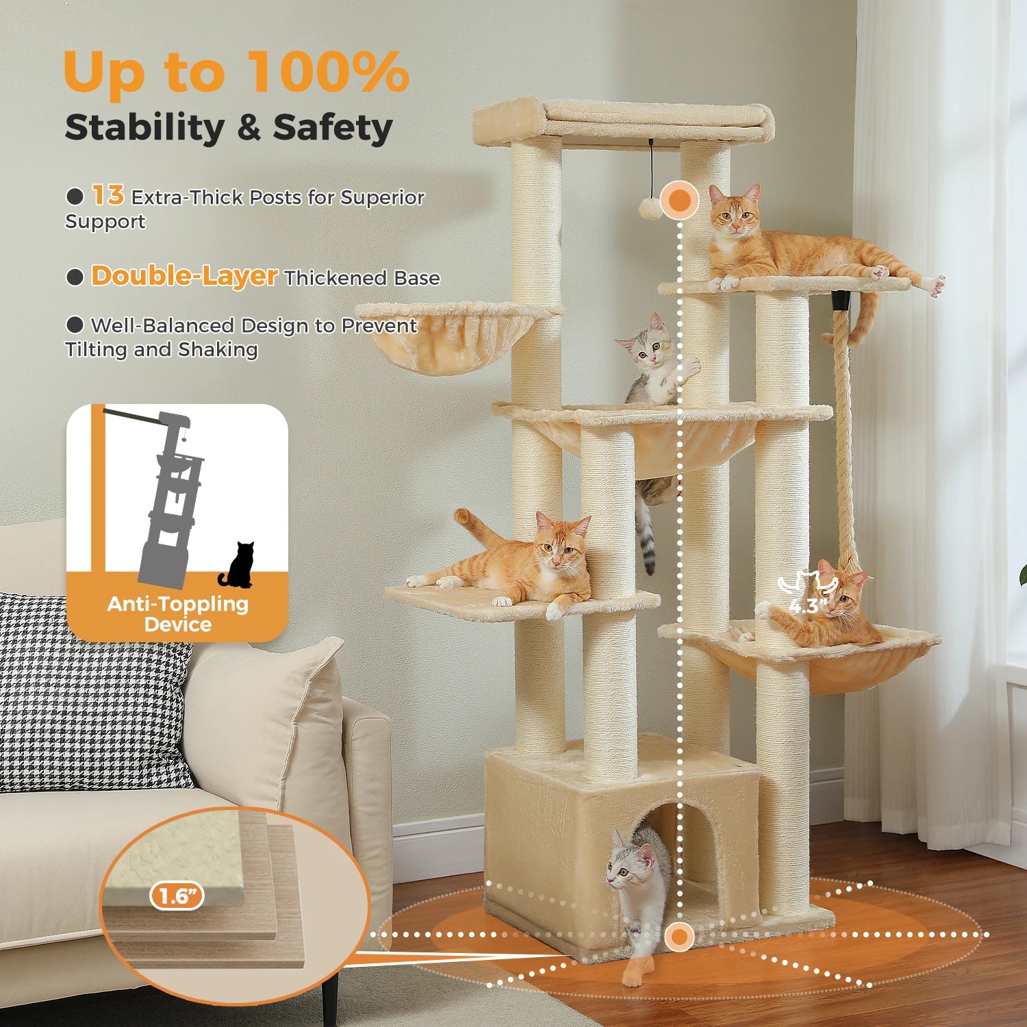 Grote Kattenboom voor Grote Katten – Robuuste Krabpaal met 11 Sisal Palen, Hangmatten en Kattenhuis