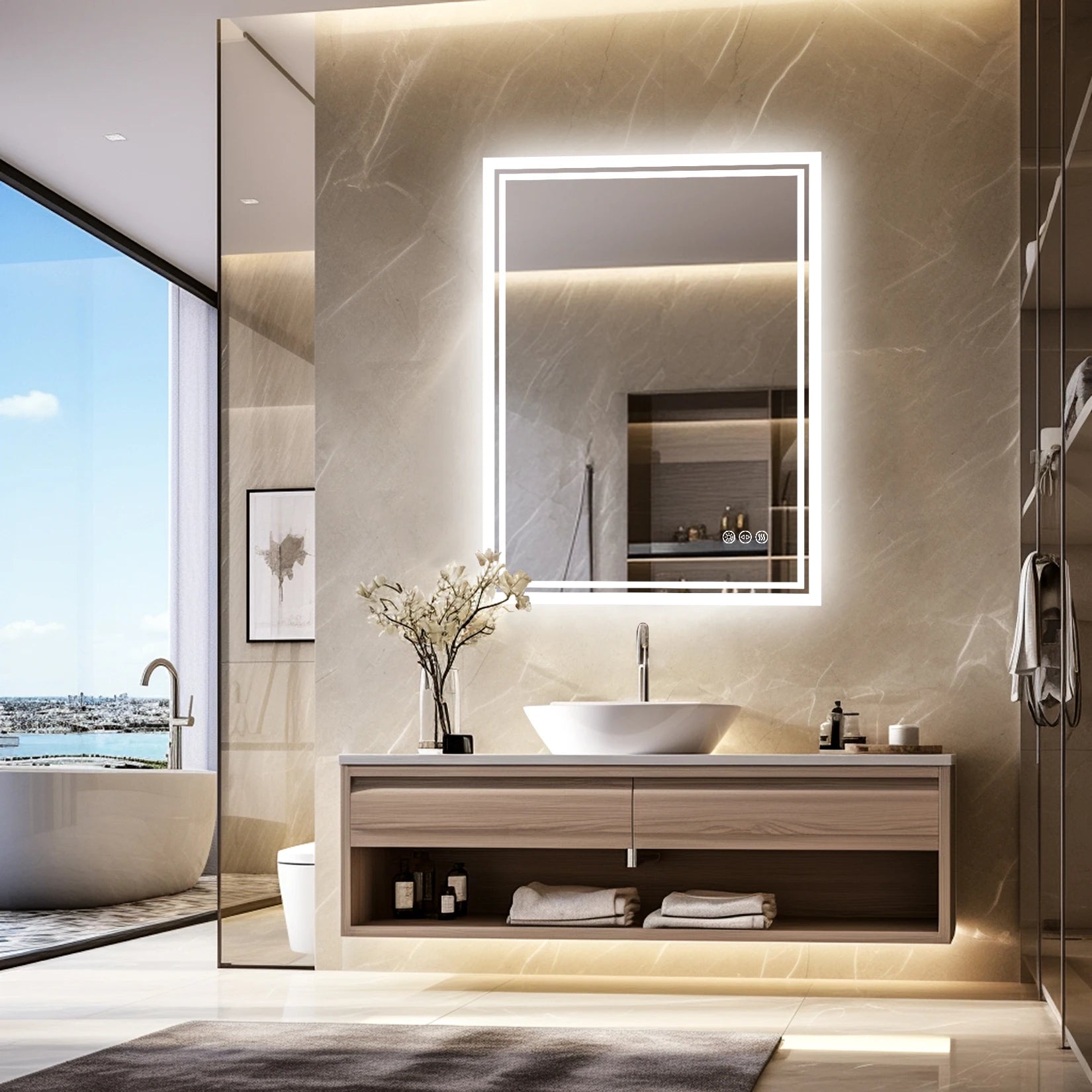 LED Badkamerspiegel met Verlichting – Dimbaar, Anti-Condens, Touch Bediening, IP65 Waterbestendig, Warm & Koel Licht