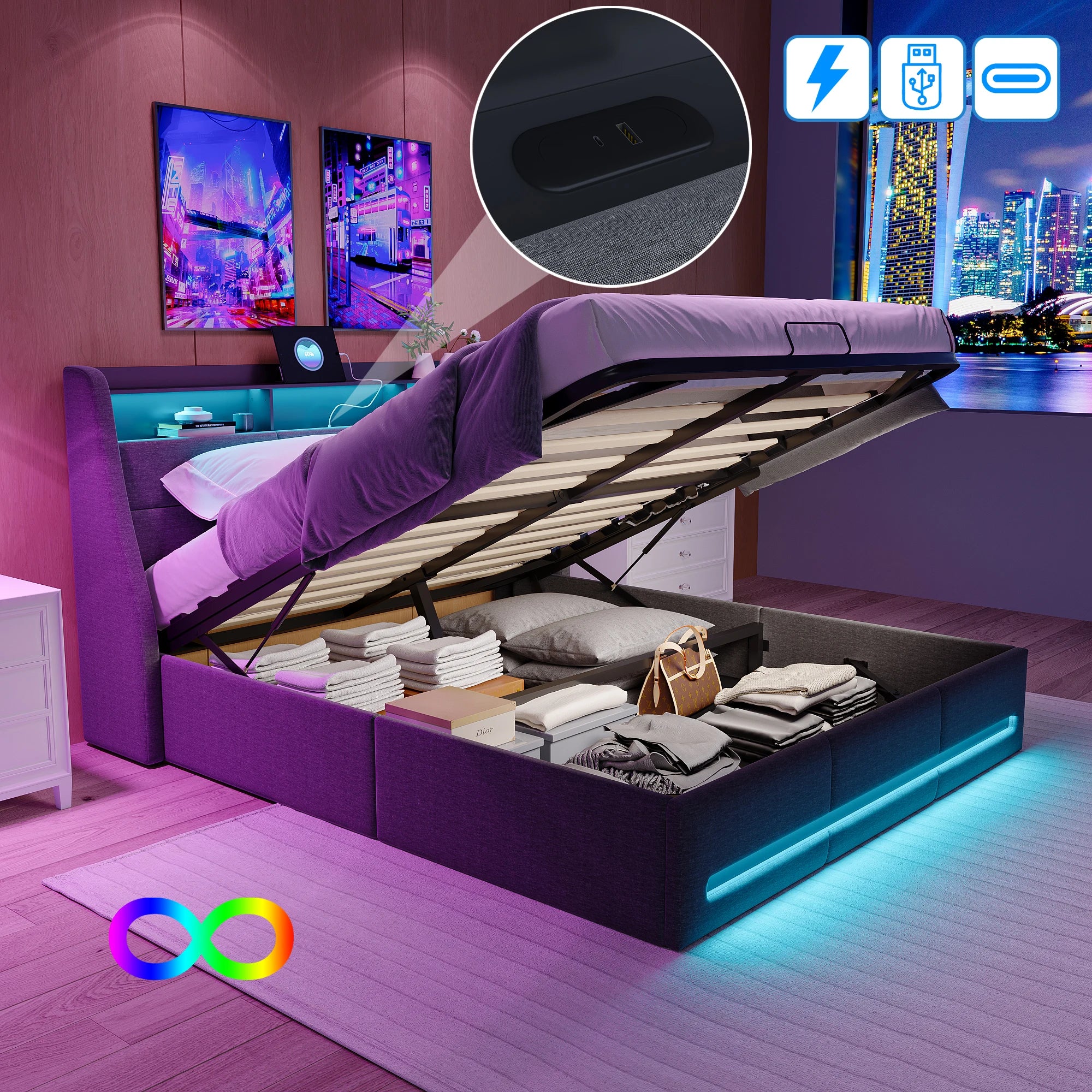 Gestoffeerd tweepersoonsbed 140/160x200 cm met LED‑hoofdeinde, USB‑oplaadfunctie en hydraulische opbergruimte