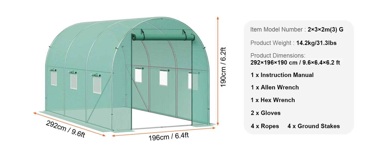 Wandelbare Tunnelkas met Stalen Frame 345×195×192 cm – Grote Inloop Tuinkas met PE Afdekking, Ritsdeur en Ventilatieramen
