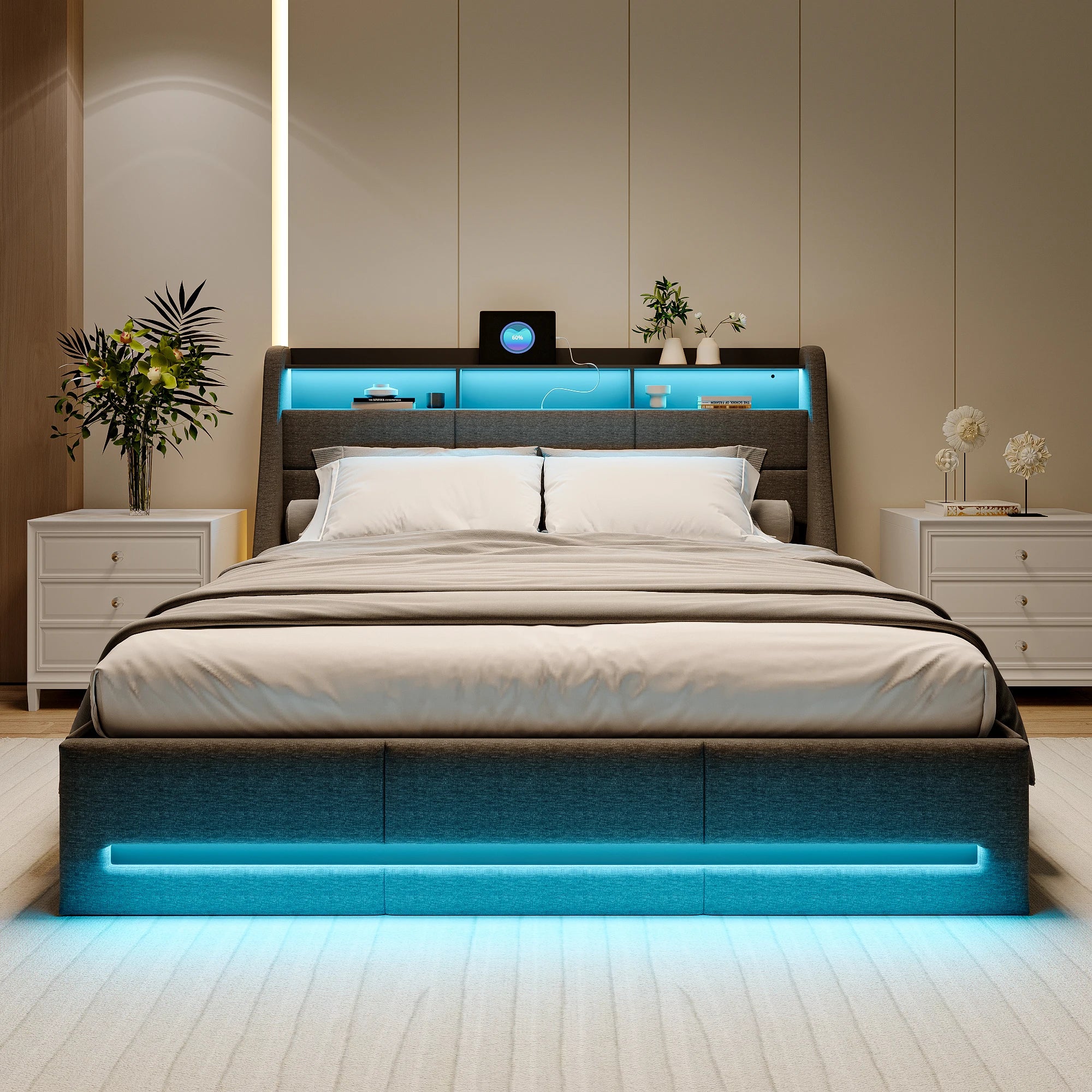 Gestoffeerd tweepersoonsbed 140/160x200 cm met LED‑hoofdeinde, USB‑oplaadfunctie en hydraulische opbergruimte