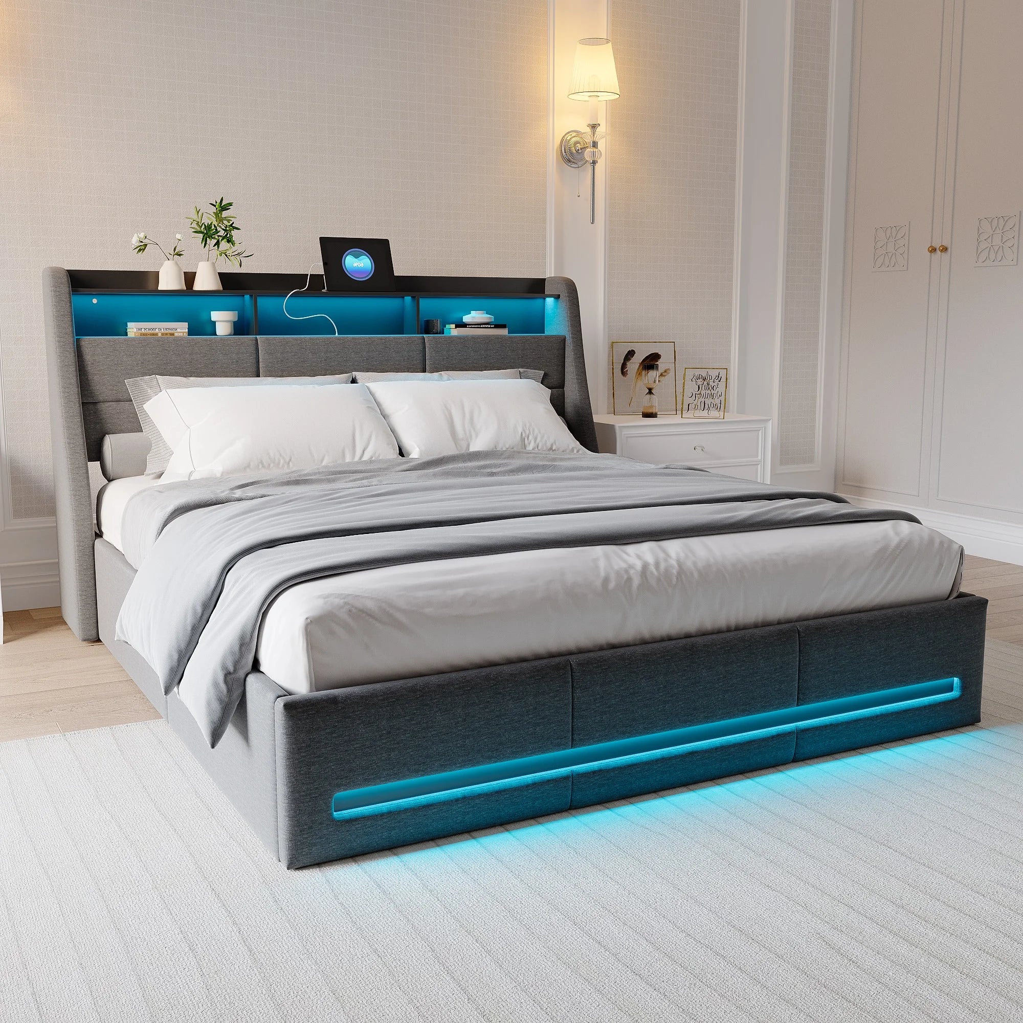 Gestoffeerd tweepersoonsbed 140/160x200 cm met LED‑hoofdeinde, USB‑oplaadfunctie en hydraulische opbergruimte