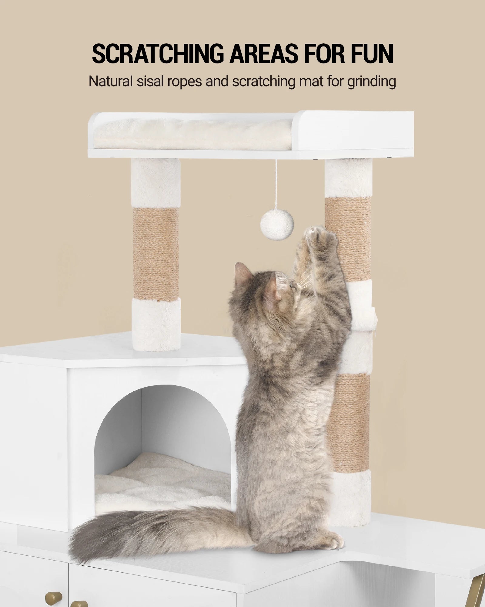 Kattenmeubel met Kattenbak Kast – 4-in-1 Kattenboom met Krabpaal, Platform en Kattenhuis – Modern Design met Sisal Krabmat
