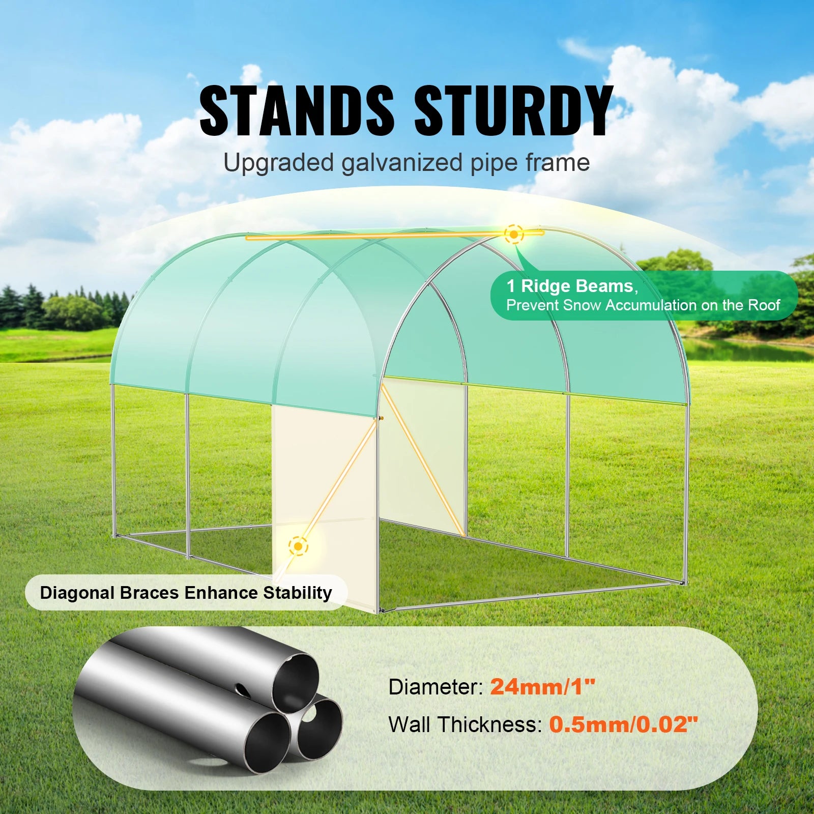 Wandelbare Tunnelkas met Stalen Frame 345×195×192 cm – Grote Inloop Tuinkas met PE Afdekking, Ritsdeur en Ventilatieramen