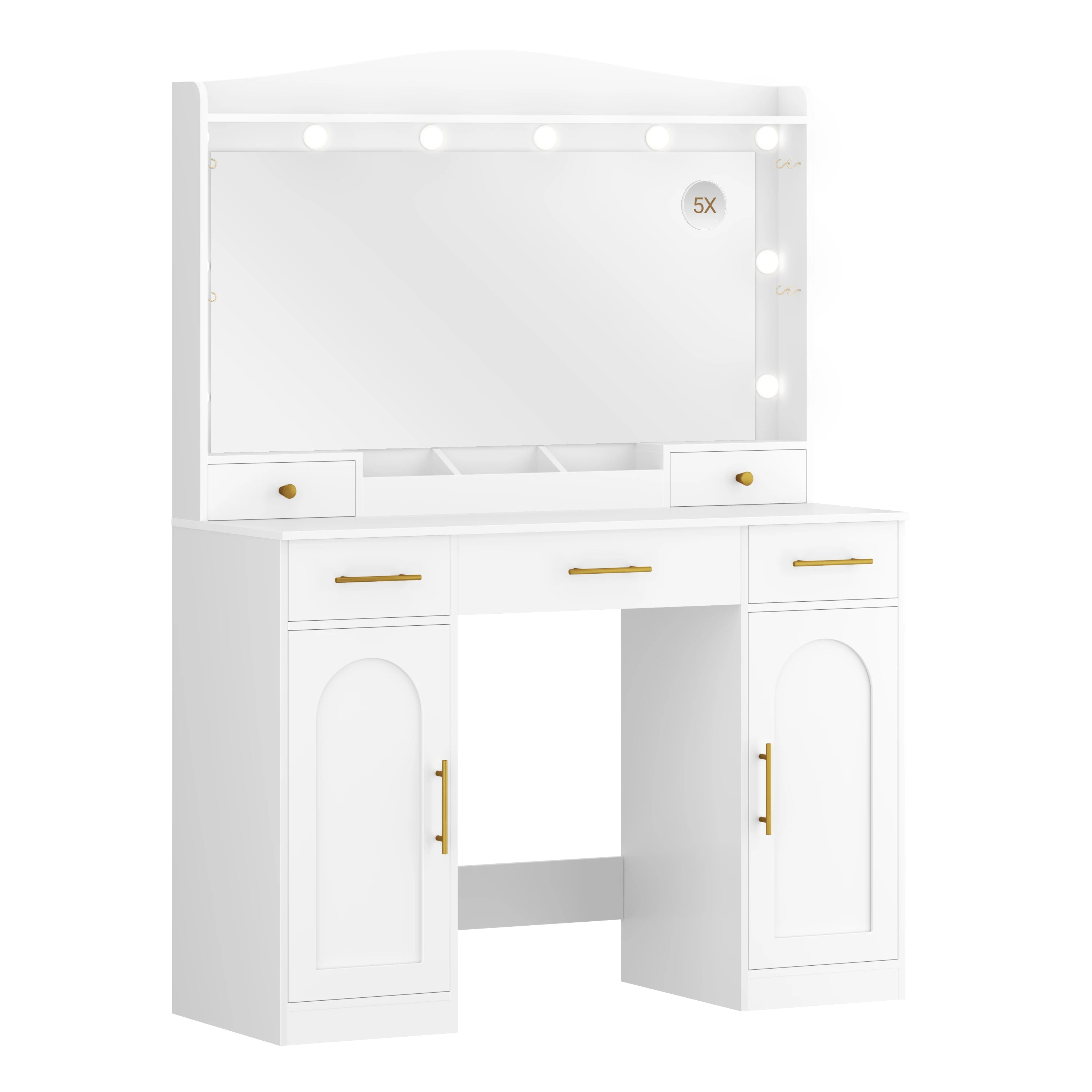 Moderne Kaptafel met LED‑Spiegel, 3 Kleuren LED‑Licht, 5 Laden en Opbergkast – Wit