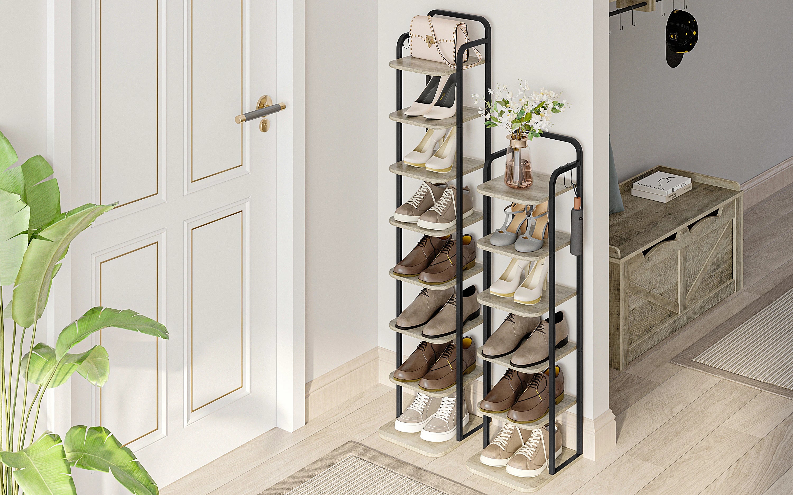 Smalle Schoenenrek 6 Laags – Verticale Schoenenkast voor Kleine Ruimtes – Houten Schoenen Organizer met Haken – Industrieel Design