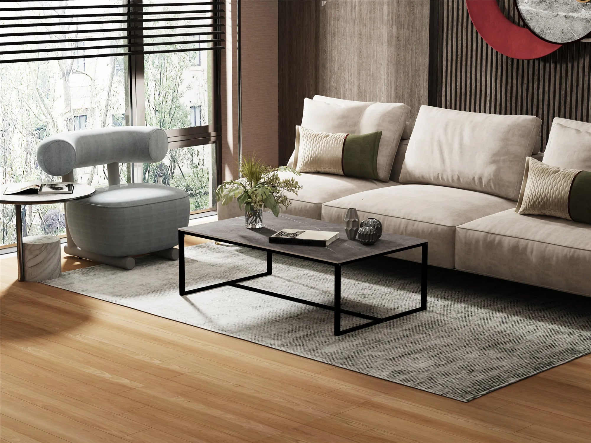 Salontafel van Gesinterd Steen – Moderne Rechthoekige Tafel met Zwart Metalen Frame – Grijs Tafelblad – Luxe & Duurzaam Design