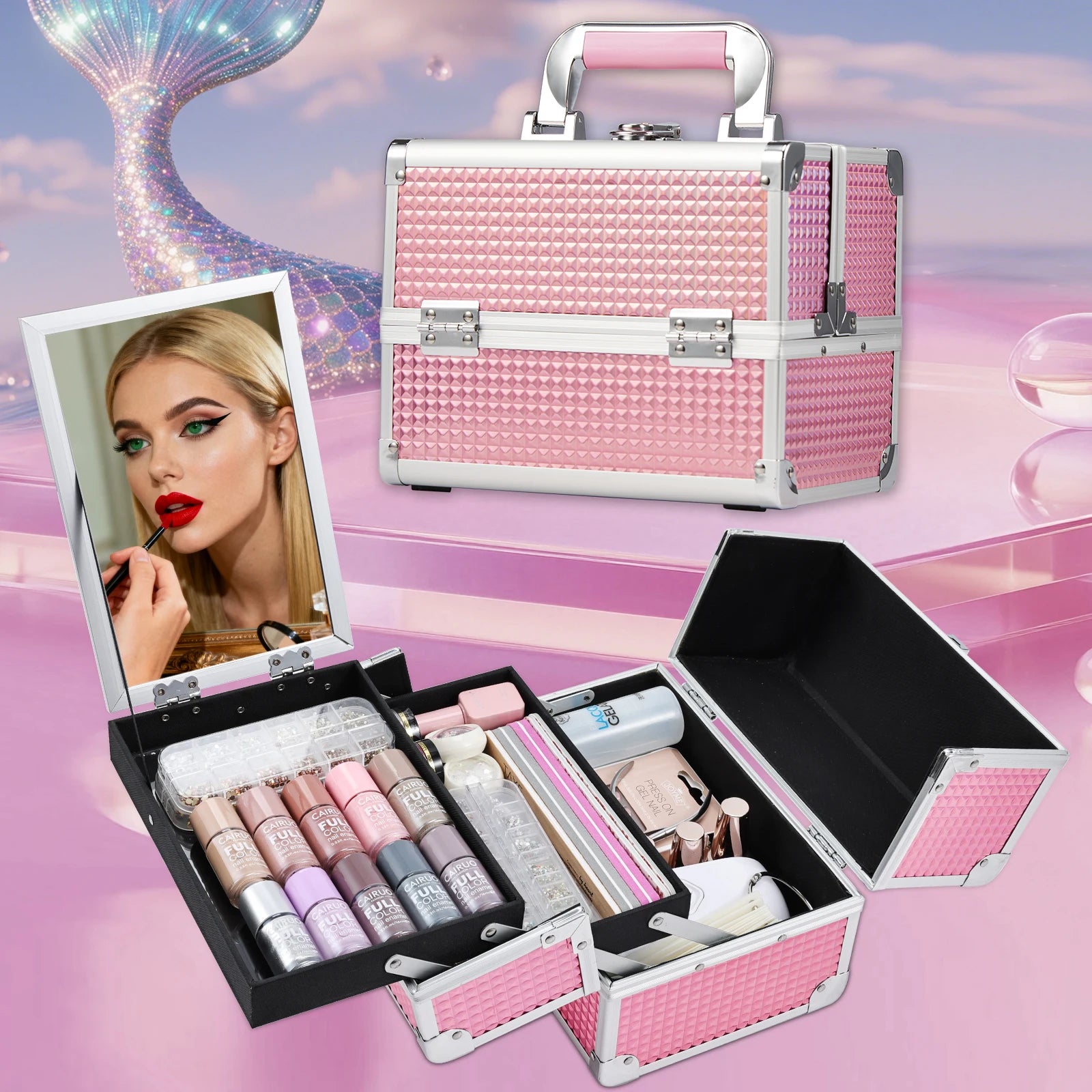 Draagbare Make-up Koffer met Lade, Spiegel en Slot – Make-up Organizer Reiskoffer voor Cosmetica